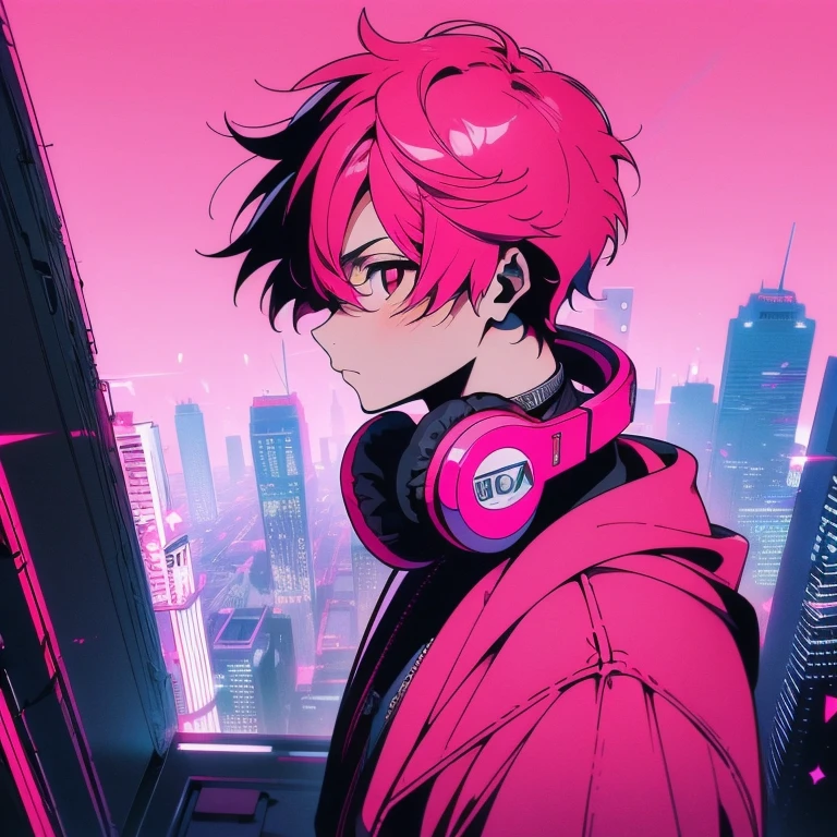 (short-cut), (Two-block hair), (vivid pink hair), (male character), (Red Eyes), (Cool pose), (of the highest quality), (masterpiece), (ultra-detailliert), (Oversized hoodies), (Street), (neons), (Camera from a down angle), (Modern City), (neonsデイライト), (Cinematic), (Stylish), (hight resolution), (Hyper Detailed), (Looking at the camera), (Anime-style), (Softtown), (nightcore), (a handsome man), (Listening to music through headphones), (natural appearance of the building), (casual), (ig studios anime style), (Super beautiful angle of view),