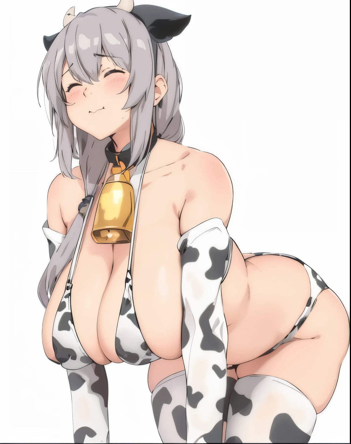 anime girl with a cow costume and a bell, oppai, cow, coirl, cel shaded anime, ecchi, thicc, seductive anime girl, kantai collection style, xqcow, ahegao, biomechanical oppai, kancolle, shikamimi, ecchi anime style, from the azur lane videogame, Closed eyes