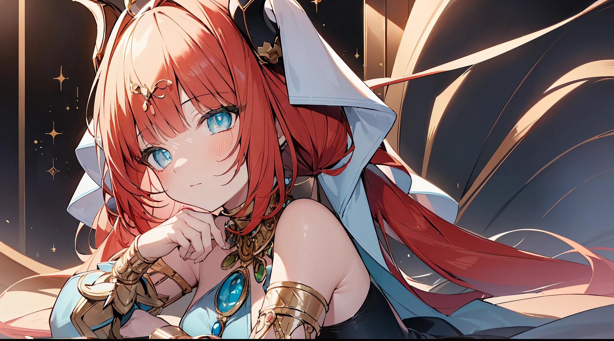 (((4k, masterpiece, top-quality))) ,8k, best quality, (((piano))), high resolution, HD, unity 8k wallpaper, (((illustration:0.8))), (((beautiful detailed eyes:1.6))), extremely detailed face, perfect lighting, extremely detailed CG, (perfect hands, perfect anatomy), super complex details, 1girl, horns,red hair,long hair,twintails,veil,aqua eyes,harem outfit,neck ring,jewelry,bare shoulders,long sleeves,crop top,brooch, bracer, gold trim,blue skirt,circlet,vision \(genshin impact\),