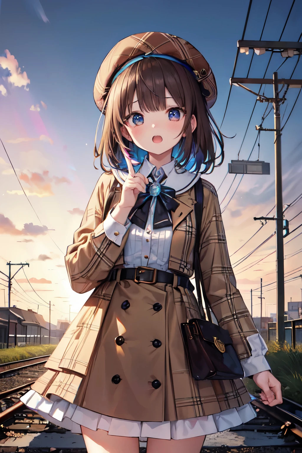 （in 8K, Best Quality, masutepiece:1.2)、超A high resolution, 1 -yeld fee,Detailed fingers,ultra-detailed face,deep detailed eyes,light brown hair,blunt bangs,shining hair,burberry check beret,(petal collar shirt),Burberry check tiered skirt,(iridescent light:1.4)、独奏,flabbergasted,open mouth,standing in the middle of the railroad tracks