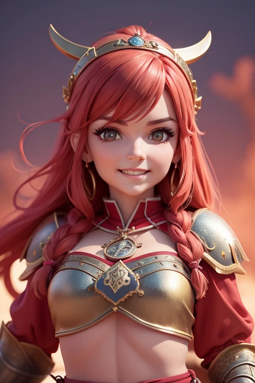 Beautiful female head viking, pelo rojo, disfraz de guerrera vikinga, en globo de nieve, sonrisa suave, Lindo retrato de cuerpo entero, figura esbelta de pie, Personaje de dibujos animados, personaje de pixar, medieval, Renderizado 3D, symatic lighting, Trazado de rayos. Rojo crujiente, luz radiante, bosque misteriosa, (la mejor calidad, 8k, high resolusion, tmasterpiece:1.2), caprichoso.
