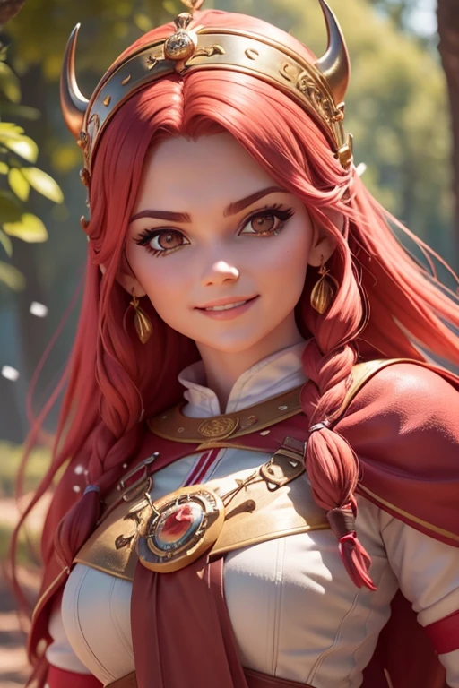 Beautiful female head viking, pelo rojo, disfraz de guerrera vikinga, en globo de nieve, sonrisa suave, Lindo retrato de cuerpo entero, figura esbelta de pie, Personaje de dibujos animados, personaje de pixar, medieval, Renderizado 3D, symatic lighting, Trazado de rayos. Rojo crujiente, luz radiante, bosque misteriosa, (la mejor calidad, 8k, high resolusion, tmasterpiece:1.2), caprichoso.