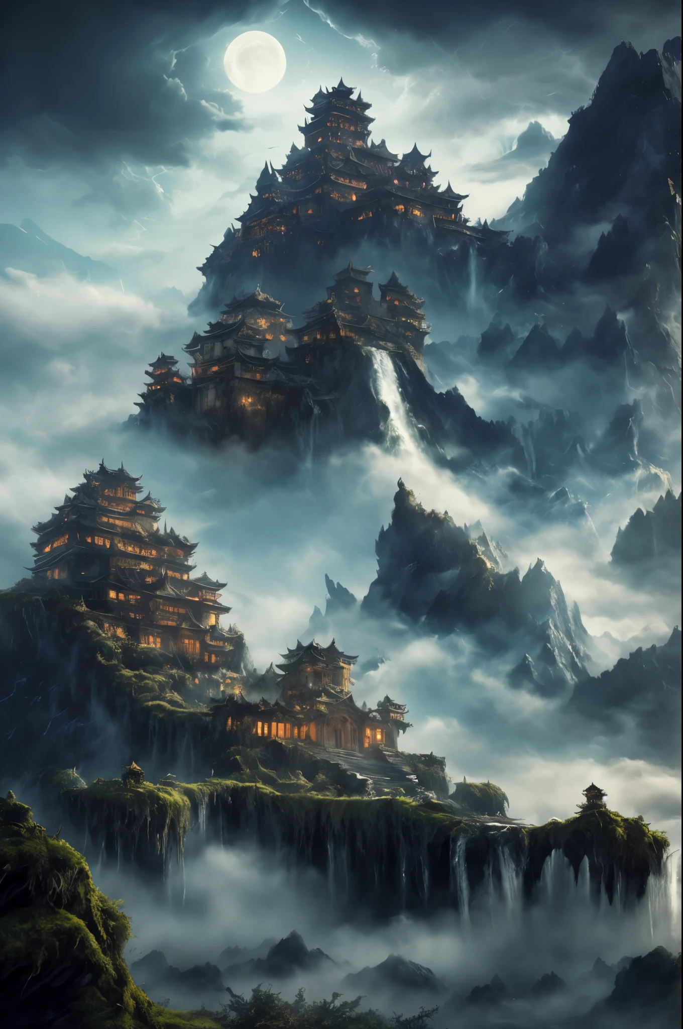 dreamlikeart absurdres highres masterpiece best quality,town castle forest sea sky clouds, ancient chinese castle scenery, (mysterious black fog), (dilapidated), absurdity, realistic lighting, (abyss) masterpiece, high quality, beautiful graphics, high detail, miaobishenghua , clouds, wind, stone fragment, night, moonlight, beautiful detailed ruins, [(black background:1.5)::5], painted as a game concept art, library of ruina concept art, matte painting concept art, doom eternal concept art, environment painting, waterfalls, monster's  as castle's foundation, concept art ， highly rendered, scenery game concept art, castle on a monster's ,pin up