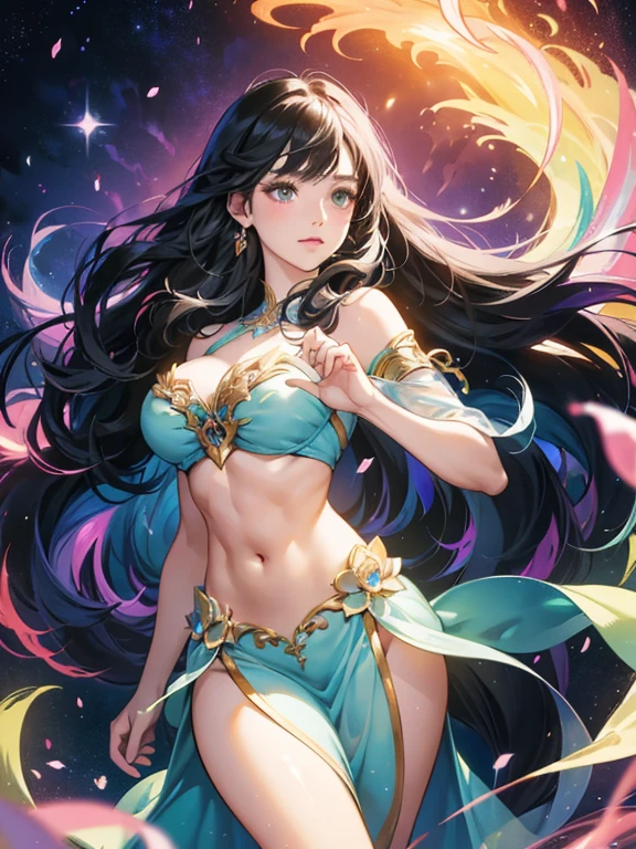 beautiful girl, flowing liquid dress, colorful flowing long hair, vibrant pastel colors, (colorful), magical lights, sparkling magical liquid, inspired by Glen Keane, inspired by Lois van Baarle, disney art style, by Lois van Baarle, glowing aura around her, by Glen Keane, jen bartel, glowing lights! digital painting, flowing glowing black hair, glowing flowing hair, beautiful digital illustration, fantasia background, whimsical, magical, fantasy, ((beautiful face)), ((masterpiece, best quality)), intricate details, highly detailed, sharp focus, 8k resolution, sparkling detailed eyes, liquid watercolor, huge breasts, toned abs, narrow waist, wide hips