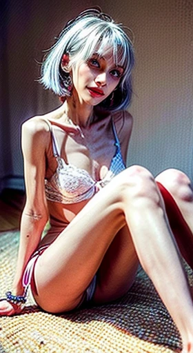 Photograph of an anorexic emaciated extremely skinny swedish female model, she is laghing, she has a silk bow around her neck, show entire body of model from toes to head, she has a big smile, teeth are showing, she is sitting on a carpeted floor, she is looking at the camera, her legs are spread apart, show breasts, show legs, small sized breasts, lace underwear, she is not wearing a top or bra, she has a colored ribbon in her hair, she has long light purple and white hair, she has no bags under her eyes, she has a good even colored skin complection, she has large hoop earings, she is wearing a diamond wrist watch, she has bright red lipstick, incredibly skinny body, extremely skinny body, emaciated body, tiniest waist ever, well-defined collar bones, well-defined hip bones, well-defined ribcage, extremely skinny arms and legs, weak and fragile body, masterpiece, anatomically correct, textured skin, super detail, high details, high quality, best quality.