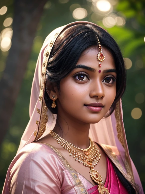 hyper realistic close up photo of a beautiful Tamil girl with a round face and high cheekbones, She has a cute button nose and small jaw. with large beautiful eyes, glossy pink lips, shining thick black hair, (smile:0.9), eyes symmetry, face symmetry, (lighting:1.6 cinematic filmy dramatic digital rim), octane rendering, smooth lighting, soft colors, beautiful lighting, zepto-pixel detailing, yotta-pixel image, yocto-pixel detailing