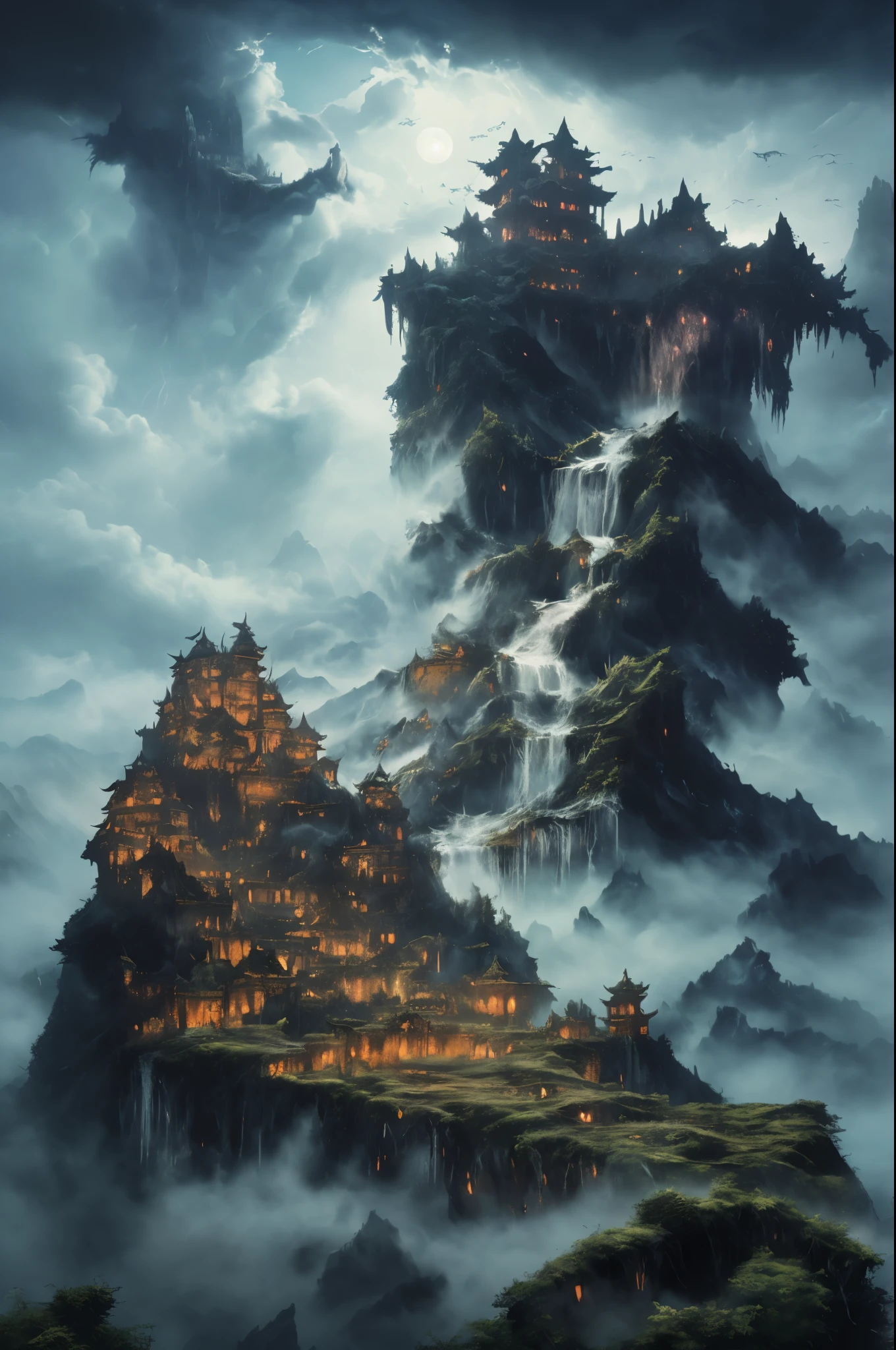 dreamlikeart absurdres highres masterpiece best quality,town castle forest sea sky clouds, ancient chinese castle scenery, (mysterious black fog), (dilapidated), absurdity, realistic lighting, (abyss) masterpiece, high quality, beautiful graphics, high detail, miaobishenghua , clouds, wind, stone fragment, night, moonlight, beautiful detailed ruins, [(black background:1.5)::5], painted as a game concept art, library of ruina concept art, matte painting concept art, doom eternal concept art, environment painting, waterfalls, monster's  as castle's foundation, concept art ， highly rendered, scenery game concept art, castle on a monster's ,pin up