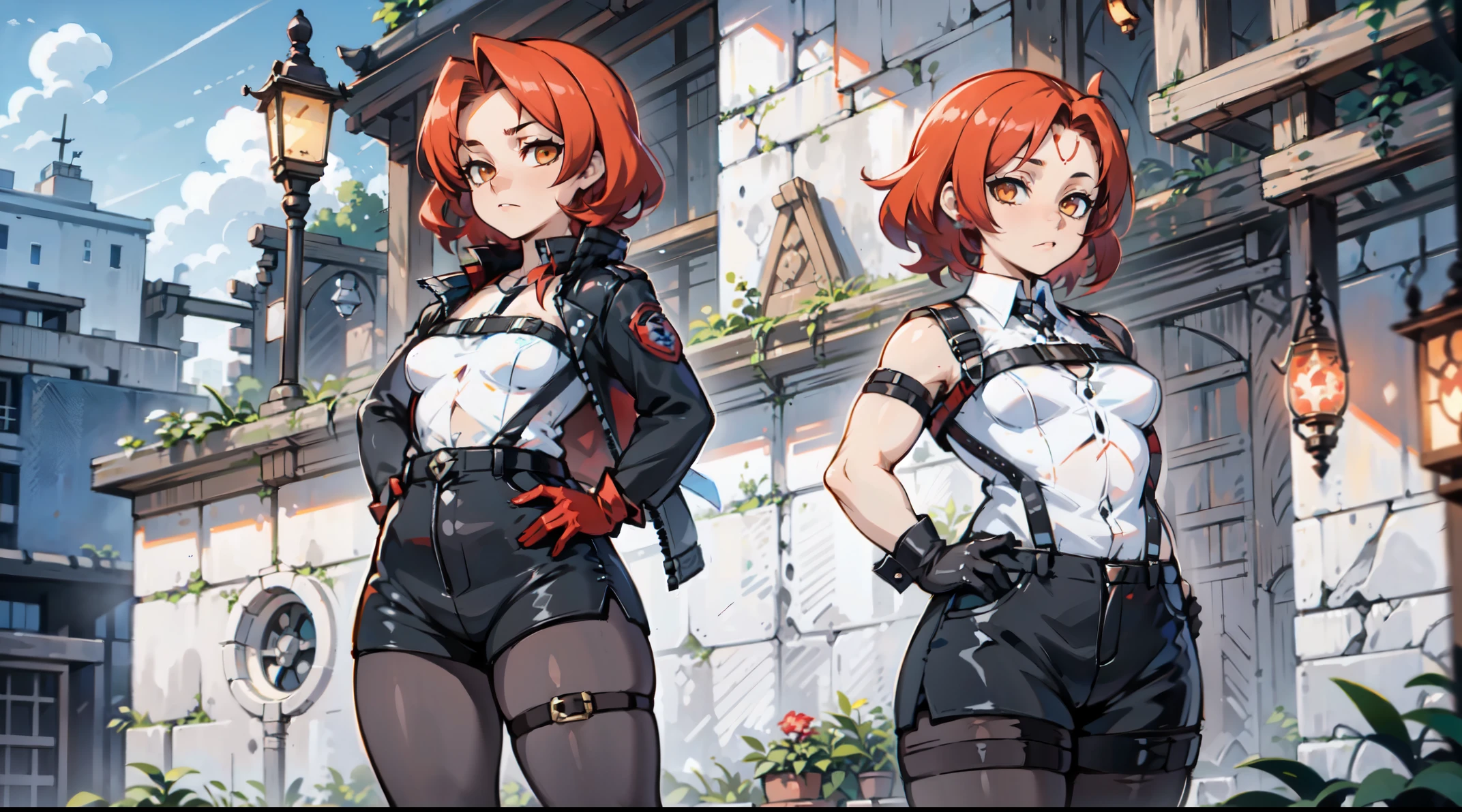 1girl, young woman, solo, short hair, Small  hair, (forehead:1.2), yellow eyes, (scarlet red hair), Athletic, muscular, medium breasts, (cropped jacket, black jacket), white shirt, collared shirt, (chest harness, shoulder strap:1.15), black leather shorts, pantyhose 7/8, garter belt, gloves, elegant, looking at viewer, standing, night,  masterpiece, best quality, 4k