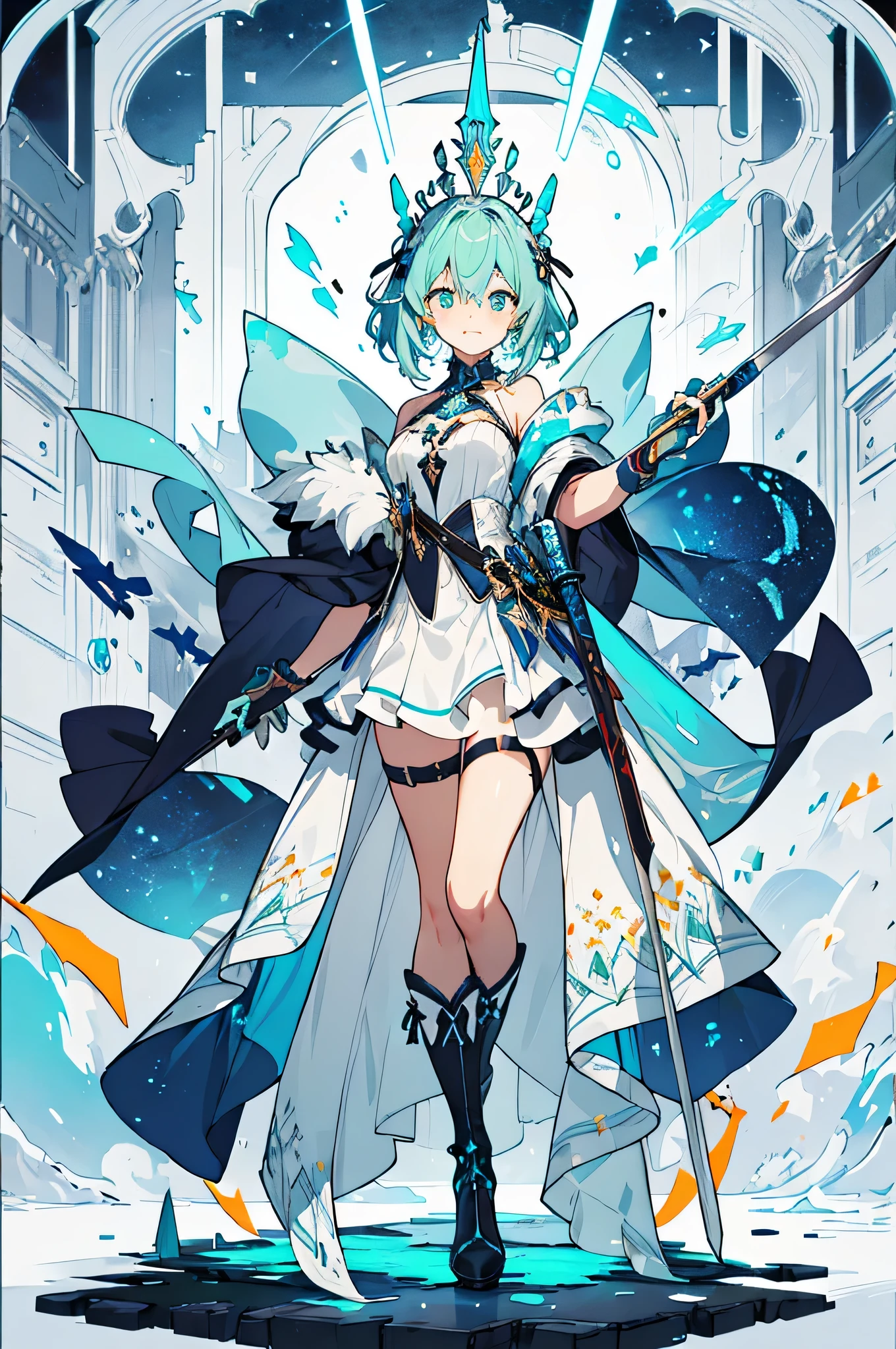 Excalibur, Delicate mango, The blade is exquisite,Well decorated,(((The blade is designed with blue opal and light green particle effect pattern...:1.3))), should, (The blade is decorated symmetrically:1.3), (The entire Excalibur blade is centered:1.3), Close-ups at medium distances,(General silhouette:1.3),(Fantastic landscape painting:1.2), hyper realistic photography, super-fine, 8K, Premium Wallpapers, The highest image quality, ..。.。.。.3D,C4D, tmasterpiece, rendering by octane,((Full body)),((Medium Hair)),White heel boots,Full body,Full body,Medium Hair,