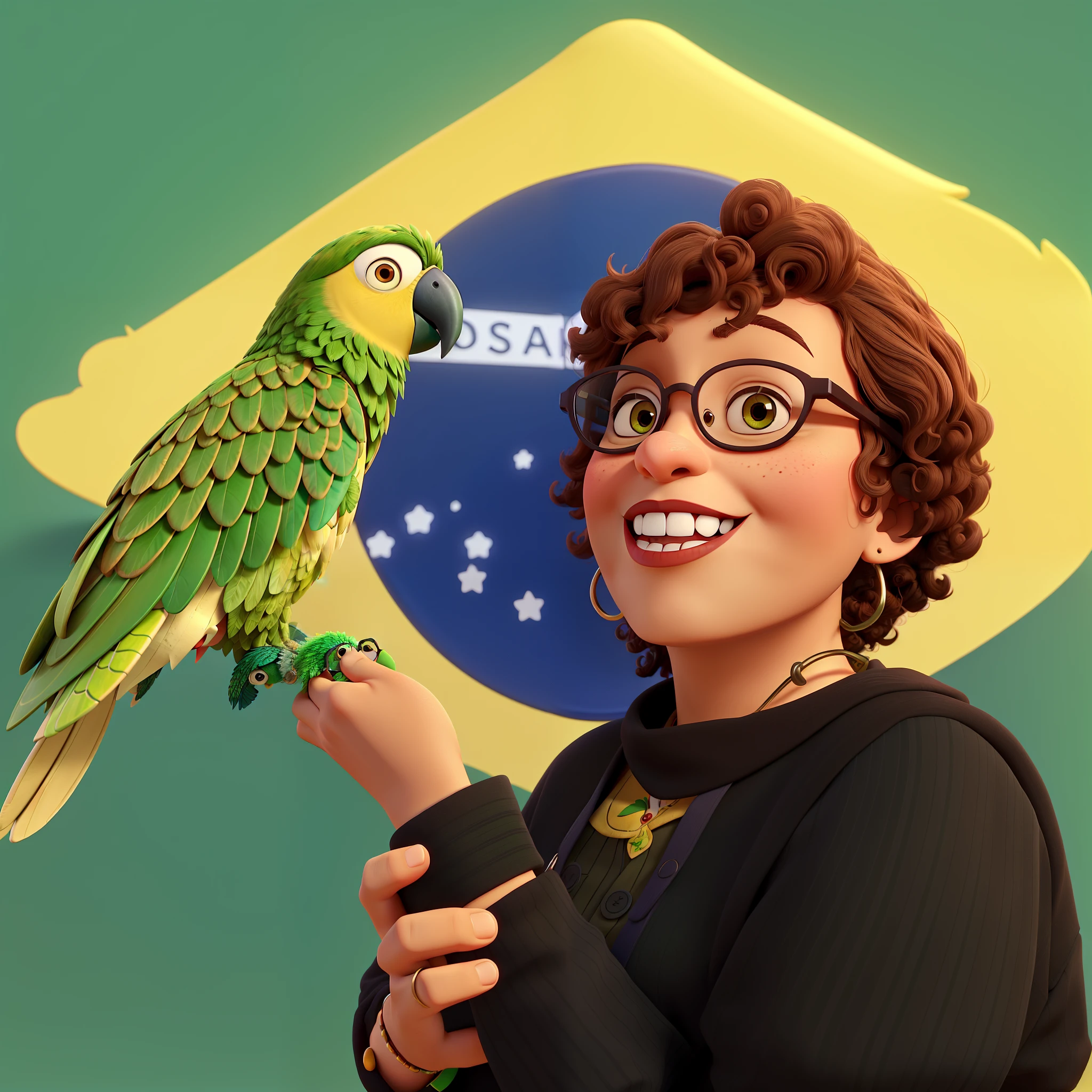 a brown and curly hair woman, wearing cool glasses, about 45 years old, dressed with a chef/cook hat and uniform, over a white background, holding a green parrot, pixar style