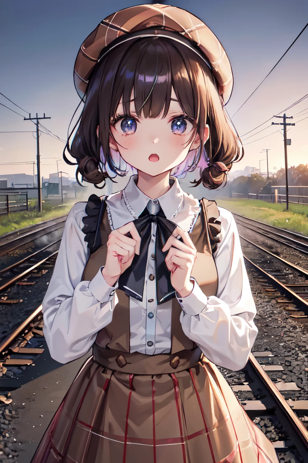 （in 8K, Best Quality, masutepiece:1.2)、超A high resolution, 1 -yeld fee,((petal collar shirt)),ultra-detailed face,deep detailed eyes,brown hair,blunt bangs,twin bun hairstyle and perm、burberry check beret,Burberry check tiered skirt,(iridescent light:1.4)、Detailed fingers、独奏,flabbergasted,open mouth,standing in the middle of the railroad tracks
