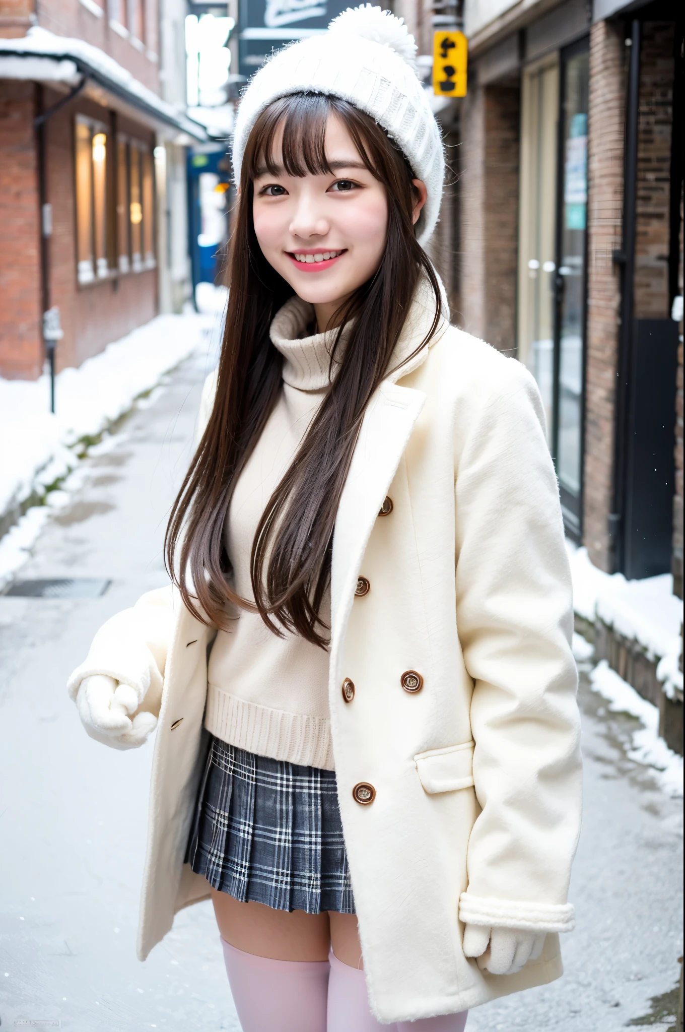 girl in snowy town street,white knitted hat,white leggings,long coat,gloves,red scarf,plaid pleated skirt,18-year-old,bangs,a little smile,thighs,knees,short cut hair,ponytail,from below