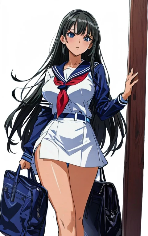 A beautiful woman with long black hair, big breasts, and beautiful legs is standing in a school hallway glaring at an elderly male teacher in a sailor uniform with a white miniskirt, showing off her light blue and blue striped panties.。