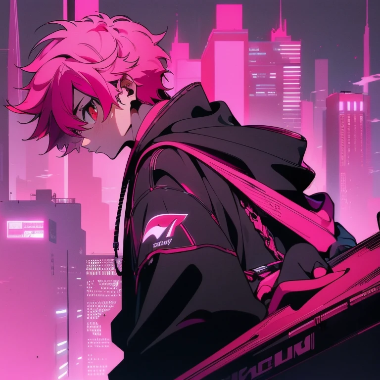 (short-cut), (Two-block hair), (vivid pink hair), (male character), (Red Eyes), (Cool pose), (of the highest quality), (​masterpiece), (ultra-detailliert), (Oversized hoodies), (Street), (neons), (Camera from a down angle), (Modern City), (neonsデイライト), (Cinematic), (Stylish), (hight resolution), (Hyper Detailed), (Looking at the camera), (Anime-style), (Softtown), (nightcore), (a handsome man), (Listening to music through headphones), (natural appearance of the building), (casual), (ig studios anime style), (Super beautiful angle of view),