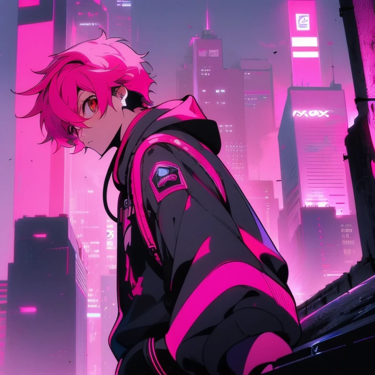 (short-cut), (Two-block hair), (vivid pink hair), (male character), (Red Eyes), (Cool pose), (of the highest quality), (​masterpiece), (ultra-detailliert), (Oversized hoodies), (Street), (neons), (Camera from a down angle), (Modern City), (neonsデイライト), (Cinematic), (Stylish), (hight resolution), (Hyper Detailed), (Looking at the camera), (Anime-style), (Softtown), (nightcore), (a handsome man), (Listening to music through headphones), (natural appearance of the building), (casual), (ig studios anime style), (Super beautiful angle of view),