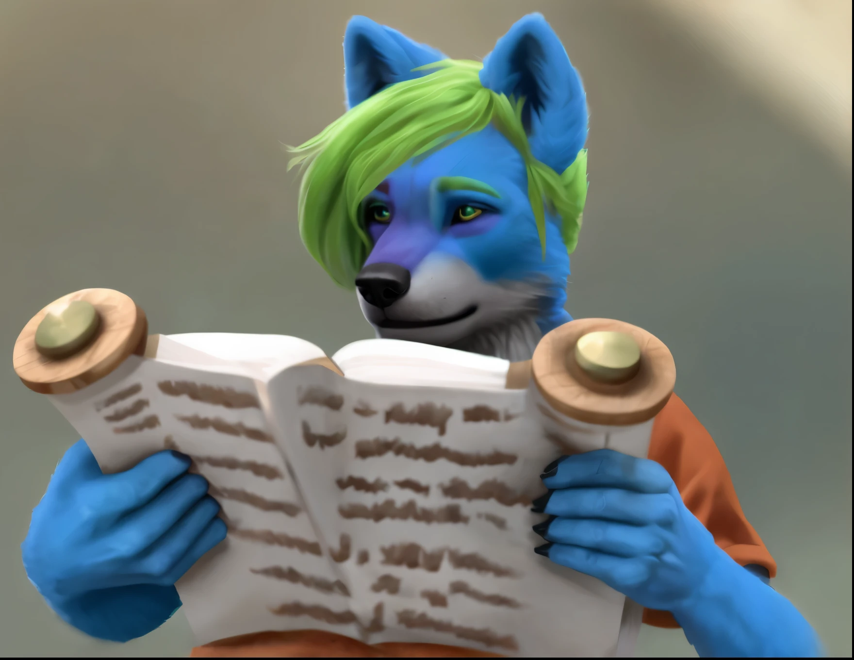 anthro husky man furry tunic reading scroll (blue fur) (green hair) (purple muzzle) detailed fur long fur realistic fur digital art