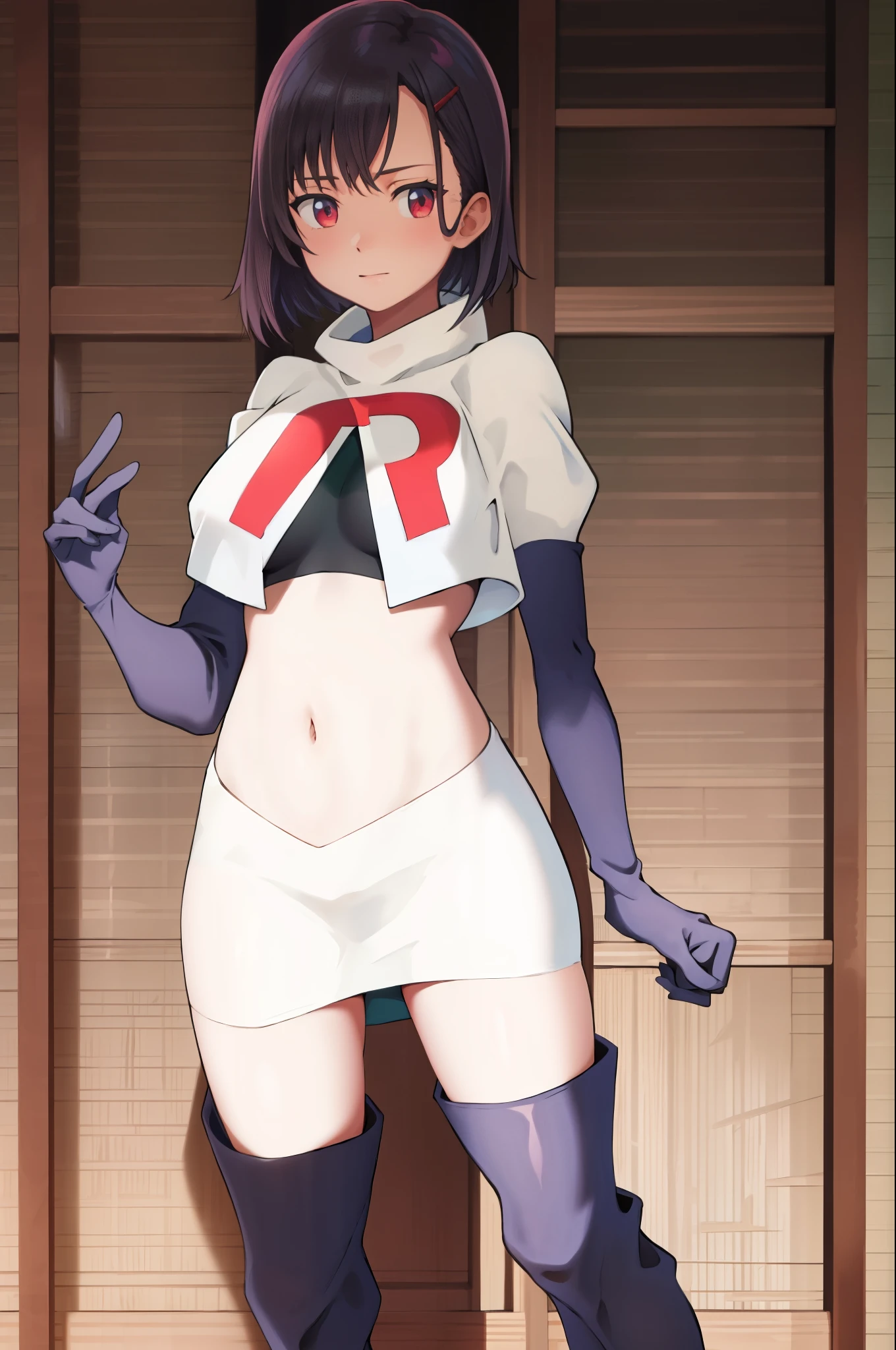 masterpiece, best quality, MShizukaV4, 1girl, solo, hair ornament, navel, medium breasts, standing, hairclip, team rocket, team rocket uniform, red letter R, white skirt, white crop top, black thigh-high boots, black elbow gloves,