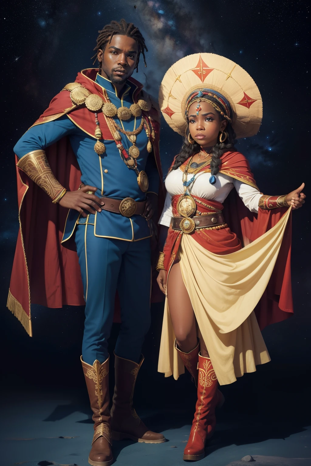 Cores Vibrantes : The costume is composed of vibrant cores that represent the flag of Cape Verde. The main part of the route is a combination of deep blue, branco puro e vermelho intenso, lembrando as faixas da bandeira. These nuclei intertwined harmoniously throughout the course.
Iconic Cover : Captain Cape Verde wears a long, flowing cape reminiscent of the vastness of the ocean that surrounds the Cape Verde Islands. The cover is predominantly blue, com detalhes brancos que lembram as ondas do mar.
Emblema de 10 Estrelas : No peito do traje, encontra-se um emblema com 10 estrelas separadas, representando as 10 principais ilhas de Cabo Verde. Each star is unique and sparkling, as if they were constellations on a starry night.
tribal mask : Captain Cape Verde wears a face mask that incorporates tribal elements of Cape Verdean culture. The mask is carved with traditional motifs reminiscent of the indigenous art of the islands.
Botas altas e luvas : Their boots are tall and made of sturdy leather, while his gloves are red, adding a touch of audacity to the costume.
Cinto com um pingente de Mapa : O personagem usa um cinto largo adornado com um pingente de ouro que representa um mapa das ilhas de Cabo Verde. This symbolizes its deep connection with the geography of the country.