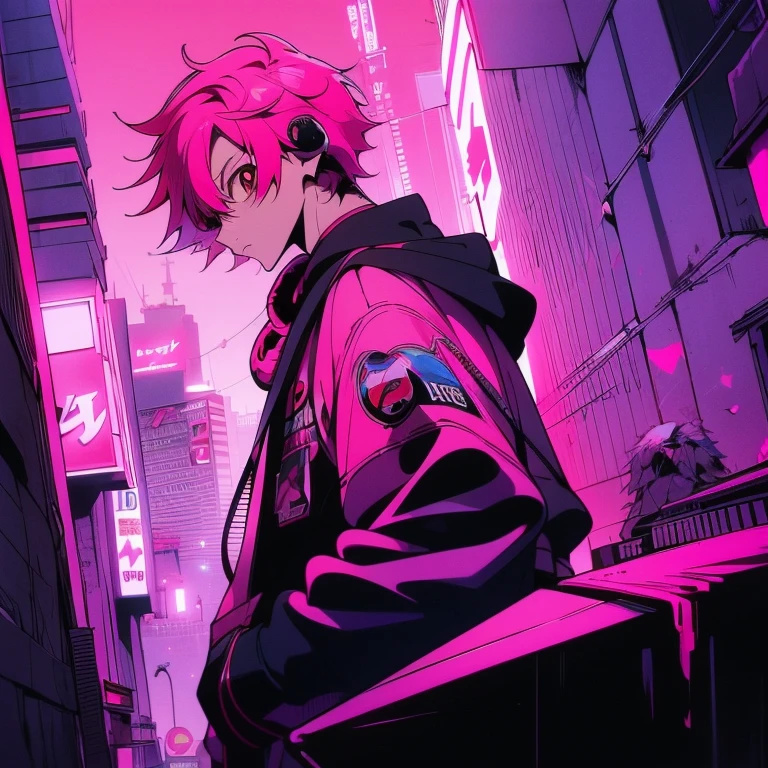 (short-cut), (Two-block hair), (vivid pink hair), (male character), (Red Eyes), (Cool pose), (of the highest quality), (​masterpiece), (ultra-detailliert), (Oversized hoodies), (Street), (neons), (Camera from a down angle), (Modern City), (neonsデイライト), (Cinematic), (Stylish), (hight resolution), (Hyper Detailed), (Looking at the camera), (Anime-style), (Softtown), (nightcore), (a handsome man), (Listening to music through headphones), (natural appearance of the building), (casual), (ig studios anime style), (Super beautiful angle of view),