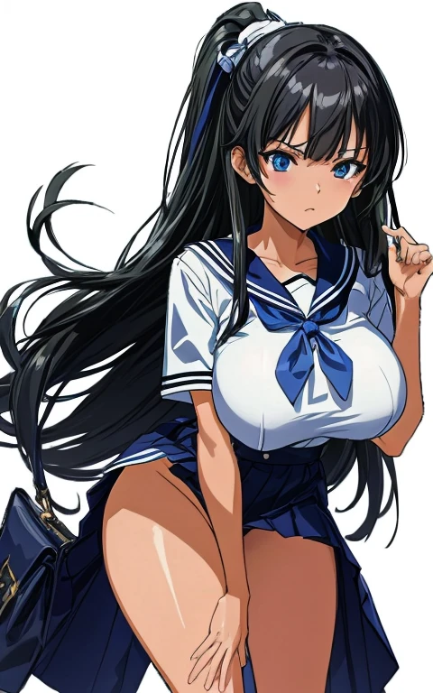 A beautiful woman with long black hair, big breasts, and beautiful legs is standing in a sailor uniform with a white miniskirt, her light blue and blue striped panties showing off from the skirt, and glaring at an elderly male office worker.。