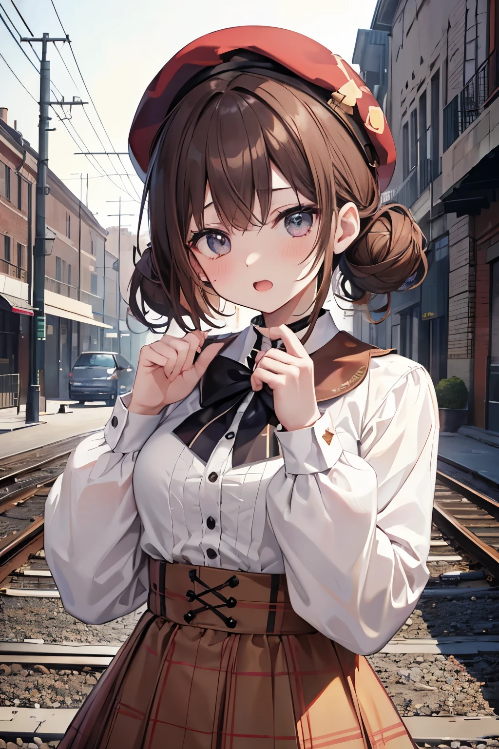 （in 8K, Best Quality, masutepiece:1.2)、超A high resolution, 1 16-year-old female,((petal collar shirt)),ultra-detailed face,deep detailed eyes,brown hair,double bun hair,burberry check beret,Burberry check tiered skirt,Cinema Lighting、Detailed fingers、独奏,flabbergasted,open mouth,dynamicposes、standing in the middle of the railroad tracks