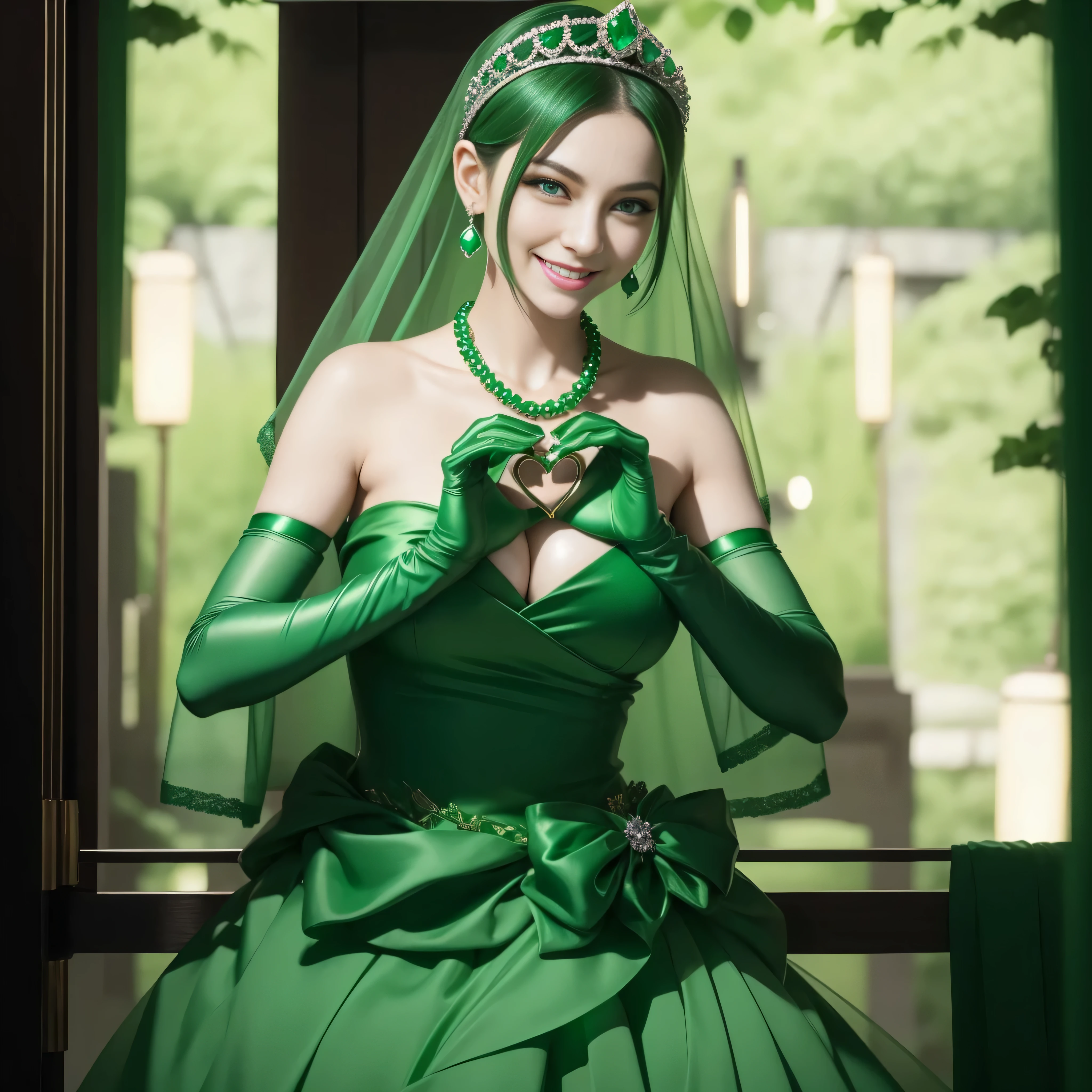 emerald tiara, Green Pearl Necklace, Boyish very short green hair, lipsticks, Japan woman smiling, very short short hair, big breasts beautiful, Green eyes, Long green gloves made of satin material, Green eyes, Emerald Earrings, green vale, 両Heart in the hand, Heart in the hand