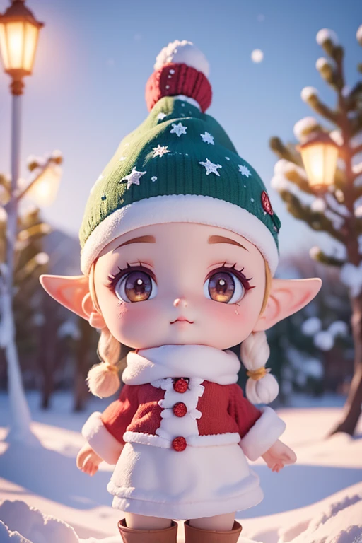 Duende navidad, estrellas en los ojos, rojo crujiente, luz radiante, nieve snowboar, copo de nieve grande en primer plano. Navidad misteriosa, magical charm.