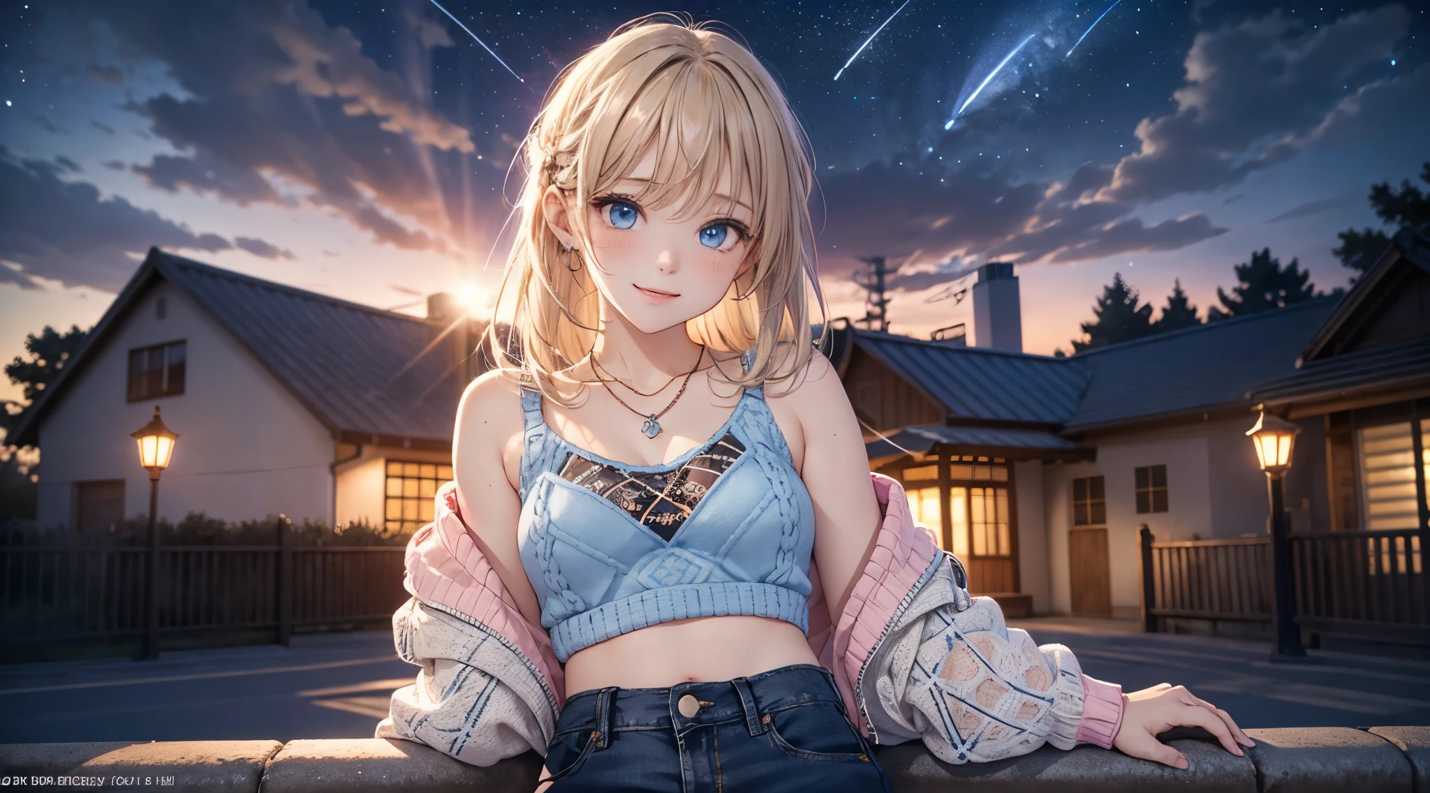 fullnude, Full length image of a girl, absurderes, ultra-detailliert,bright colour,(At 8K:1.3),masuter piece,extremely beautiful detailed face and eyes, very skimpy clothes, lace underwear, full-length photo of a girl,(Deep Blue Eyes:1.2),(Loose Size Pink Argyle Knit:1.4),(Short denim:1.2),Cute smile、Synchrosis Necklace、Stylish bracelets,Inside the boutique,(Full body:1.2) X-Hair,Aurora、city light、constellation、Crescent,intergalactic,lamp post, Particles of light, milkyway, natta, nigh sky, outside of house, planetes, Power lines, shooting stars, Skysky, Skyscraper, 独奏、Stargazing,Star_\(skyporn\)、starrysky、Winters、(Smooth straight blonde hair:1.3), (Shiny hair:1.2), Delicate beautiful face, red blush、