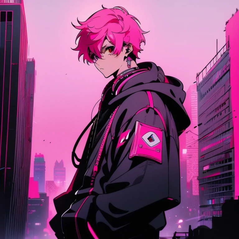 (short-cut), (Two-block hair), (vivid pink hair), (male character), (Red Eyes), (Cool pose), (of the highest quality), (​masterpiece), (ultra-detailliert), (Oversized hoodies), (Street), (neons), (Camera from a down angle), (Modern City), (neonsデイライト), (Cinematic), (Stylish), (hight resolution), (Hyper Detailed), (Looking at the camera), (Anime-style), (Softtown), (nightcore), (a handsome man), (Listening to music through headphones), (natural appearance of the building), (casual), (ig studios anime style), (Super beautiful angle of view),