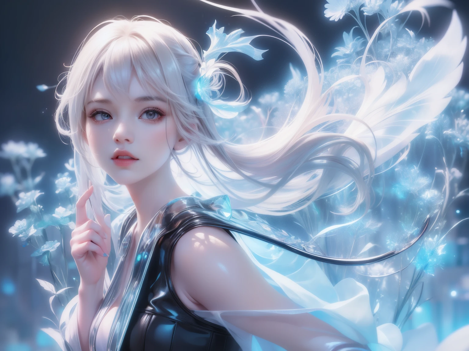 (((girl with))，delicated face，Face of Eros，beautiful japanese female，18year old,Clear brown eyes,Cover your mouth and laugh，Abstract，Large breasts，Super skirt，Big Assa，Irridescent color，Arthur effect, Transparent body, Sheer hair、Gradient translucent glass melt, Caustics, Clear glass texture, Irridescent color, Designed by Dietrams, it is a feature , Glows in great detail, white backgrounid, industrial design, Studio Lighting, C4D, OC Renderer, Clean shadows, 4K