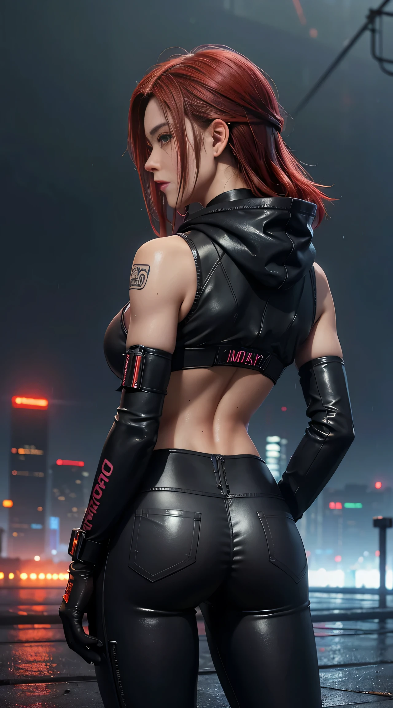 sfw, best quality, masterpiece, cinematic, realistic, cyberpunk, cyberpunk city, neon, volumetric lighting, black sky, (raining, thunderstorm), 1girl, (cyberpunk clothing, hoodie, pants, punk clothelowing red hair), water reflecting off ground, from behind, ((hidden face)),, wearing bra,((skinny waist)), young asian girl, ((big boobs)),