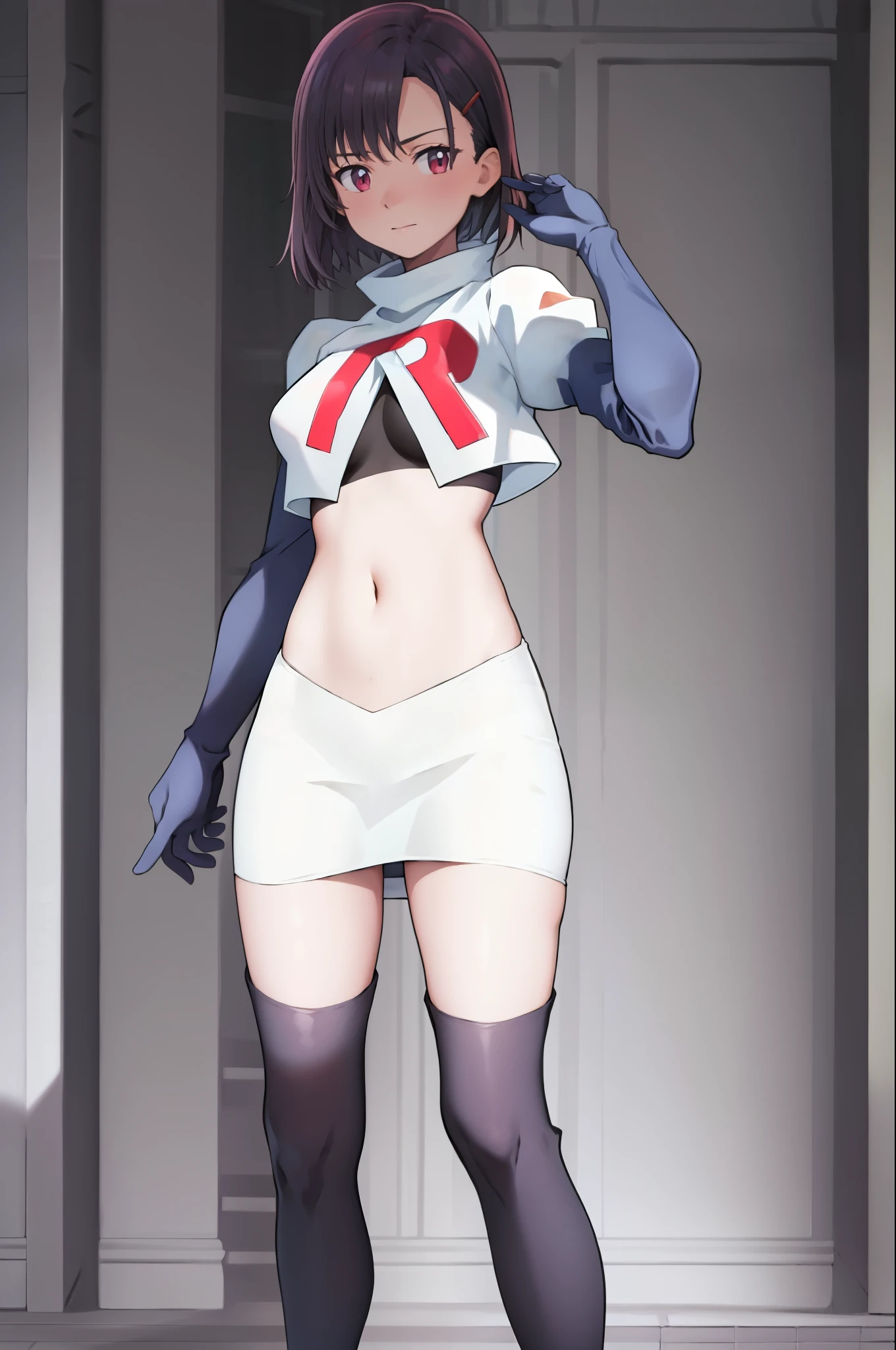 masterpiece, best quality, MShizukaV4, 1girl, solo, hair ornament, navel, medium breasts, standing, hairclip, team rocket, team rocket uniform, red letter R, white skirt, white crop top, black thigh-high boots, black elbow gloves,