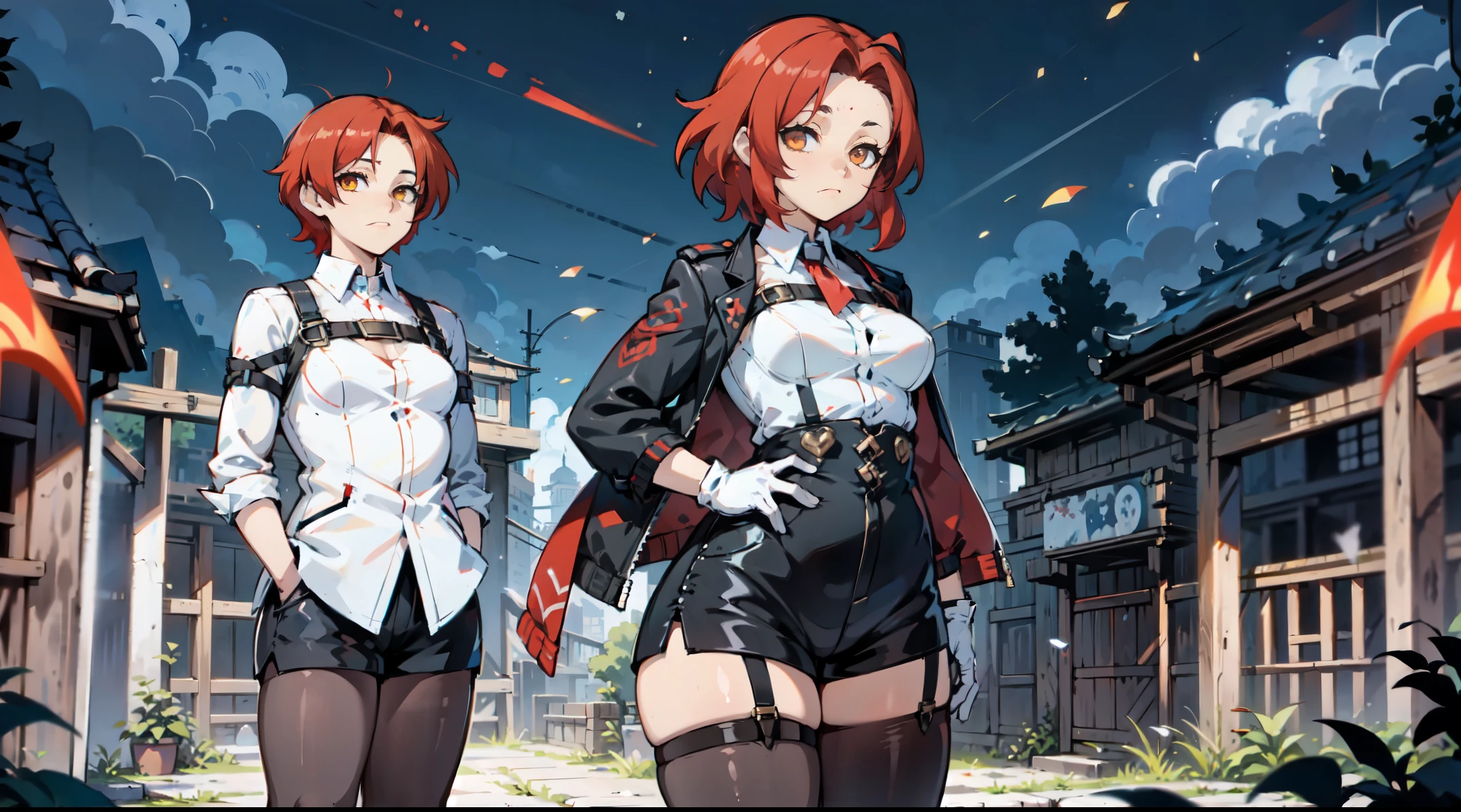 1girl, young woman, solo, short hair, Small hair, (forehead:1.2), yellow eyes, (scarlet red hair), Athletic, muscular, medium breasts, (cropped jacket, black jacket), white shirt, collared shirt, (chest harness, shoulder strap:1.15), black leather shorts, pantyhose 7/8, garter belt, gloves, elegant, looking at viewer, standing, night, masterpiece, best quality, 4k