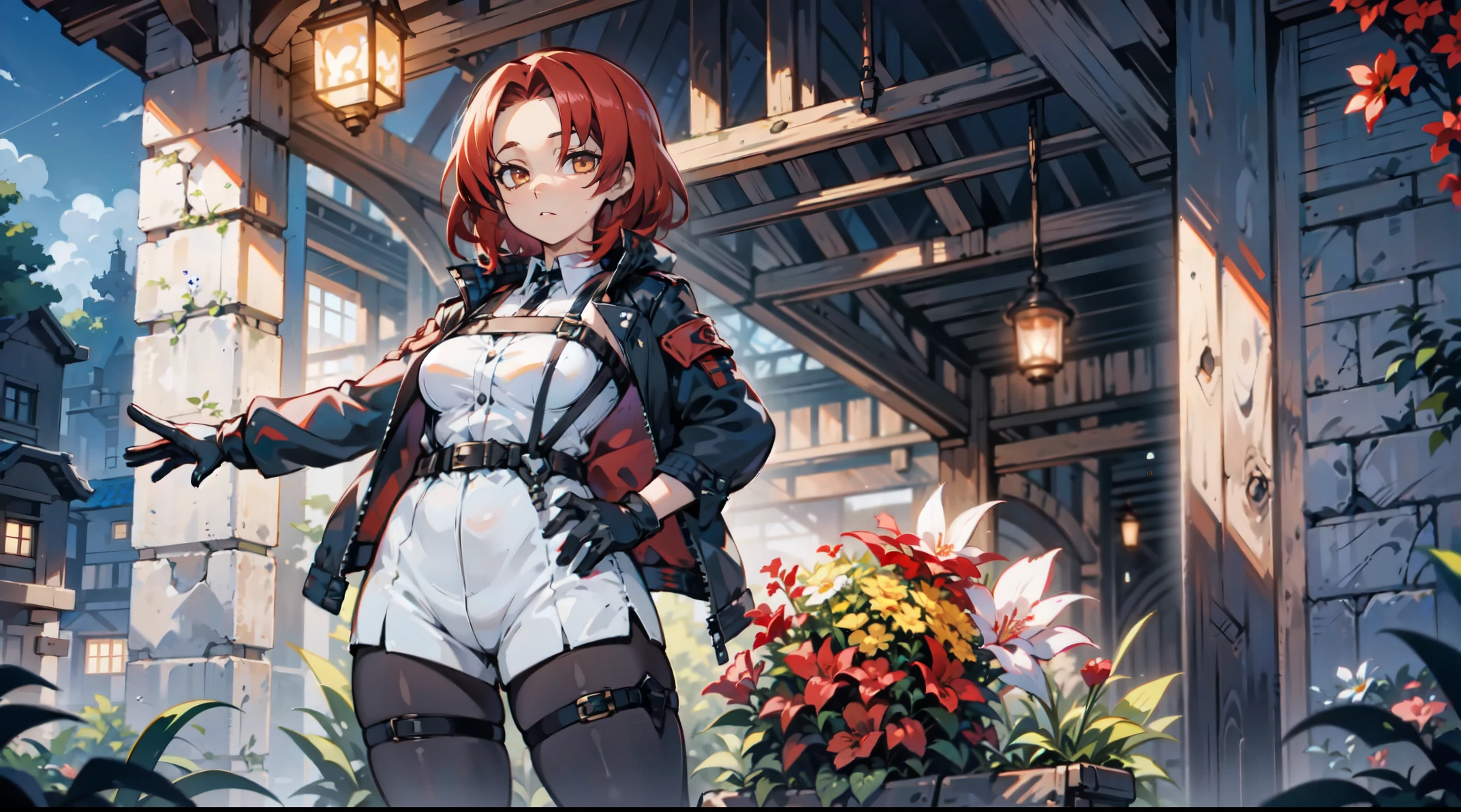 1girl, young woman, solo, short hair, Small  hair, (forehead:1.2), yellow eyes, (scarlet red hair), Athletic, muscular, medium breasts, (cropped jacket, black jacket), white shirt, collared shirt, (chest harness, shoulder strap:1.15), black leather shorts, pantyhose 7/8, garter belt, gloves, elegant, looking at viewer, standing, night,  masterpiece, best quality, 4k