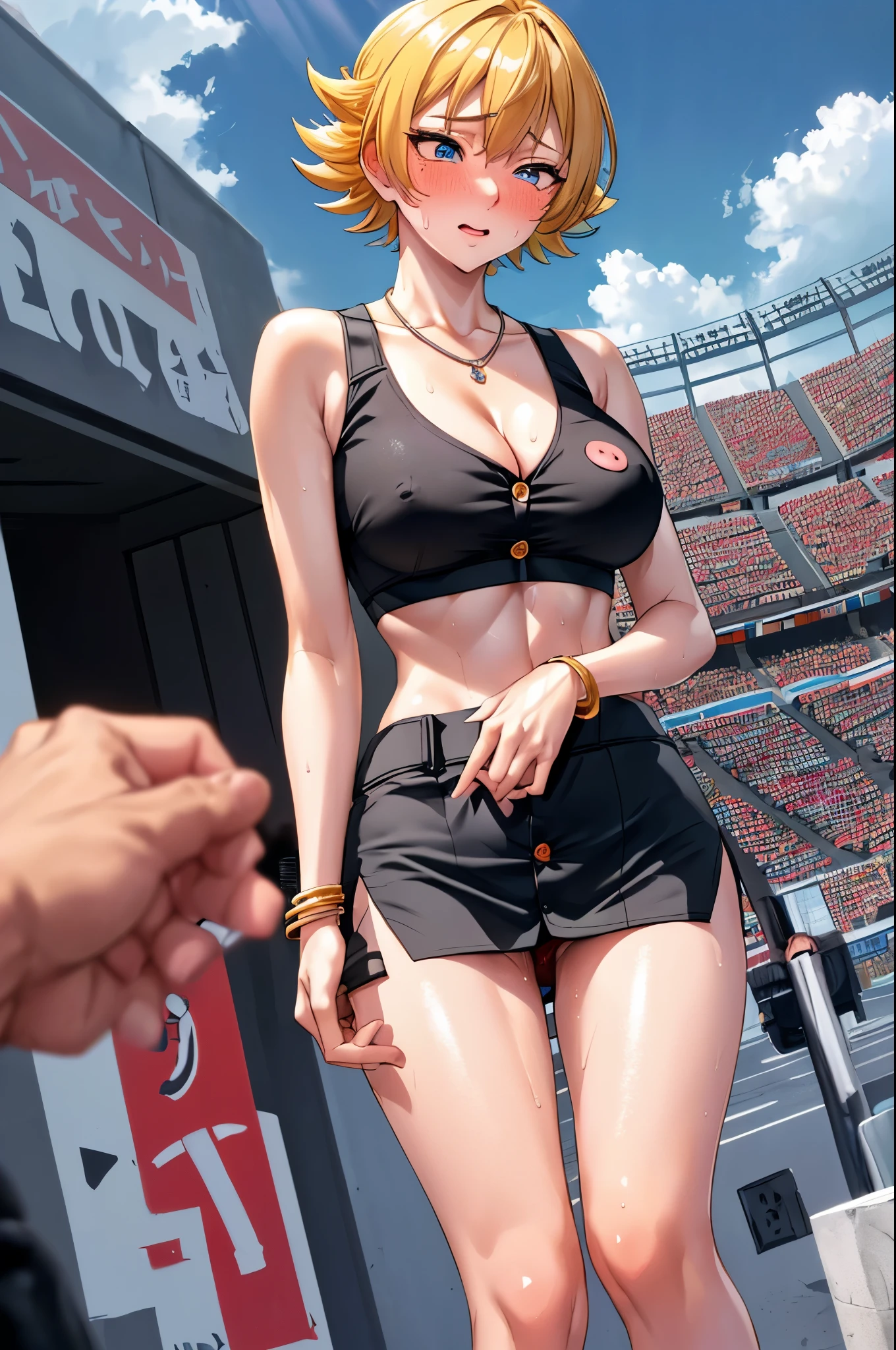 igawa,blonde hair,bobcut,mature female,medium breasts,see through nipples,cleavage,(grid girl, colorful sports bra top, ultra miniskirt, bare shoulders) ,(sweat gleaming skin:1.1), (stadium background),outdoors,sunlight, spotlight effect,bright sky, blue sky with clouds,strong wind,(highres, high quality:1.1), intricate details, cinematic lighting, 1girl,(red blush,embarrassed from),(Necklace, bracelet),(Remote Play:1.2), (remote_vibrating:1.2), ((Hand holding a button at the bottom left of the screen:1.3)),dynamic pose,from below