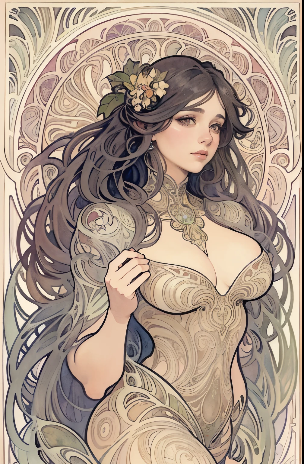 ((masterpiece)), (best quality), (cinematic),  art nouveau, (watercolor painting), the Goddess of Venus, large breasts, big eyes, long thick eyelashes, cleavage, full lips, long thick hair,  high ponytail, accessories, featuring intricate designs and patterns in the style of Alphonse Mucha.