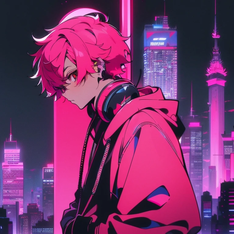 (short-cut), (Two-block hair), (vivid pink hair), (male character), (Red Eyes), (Cool pose), (of the highest quality), (​masterpiece), (ultra-detailliert), (Oversized hoodies), (Street), (neons), (Camera from a down angle), (Modern City), (neonsデイライト), (Cinematic), (Stylish), (hight resolution), (Hyper Detailed), (Looking at the camera), (Anime-style), (Softtown), (nightcore), (a handsome man), (Listening to music through headphones), (natural appearance of the building), (casual), (ig studios anime style), (Super beautiful angle of view),