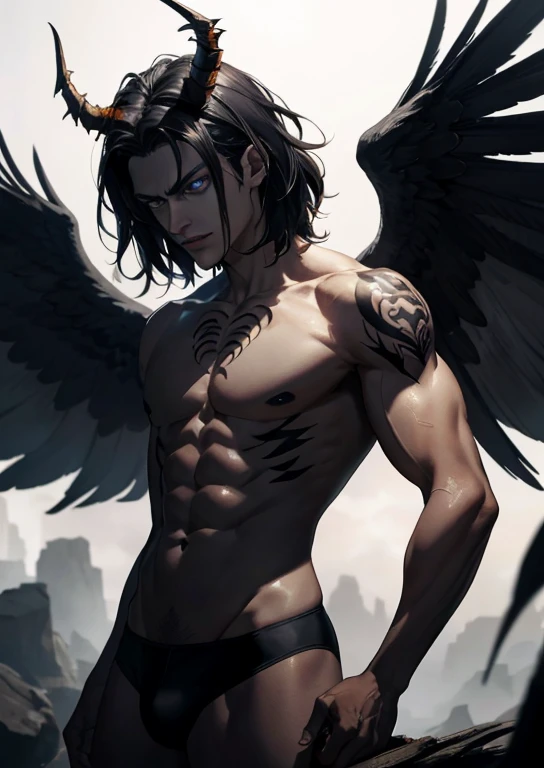 8k, complex, elegant, highly detailed, majestic, digital photography, surrealist painting, beating magic, flaming hellscape, (masterpiece, side light, fine beautiful eyes: 1.2), HDR, (glowing eyes), naked upper body, glowing demonic tattoo, black hair, muscles, dark skin, demon horns, flaming crown, handsome, facing the camera, full body, floating, masculine, masterpiece, angel wings, (21 years old, mature face)