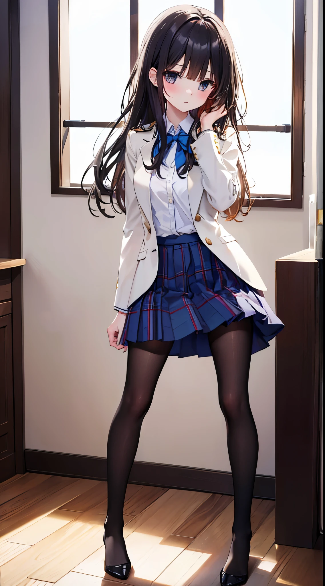 Finest, masterpiece, high definition, (full body), frontal, symmetrical, mature high school girl, solo, (full body from head to toe), small breasts, long hair, slightly messy hair, (black tights), ( (black pantyhose), black pantyhose, composition showing white panties, slender beautiful legs, a very beautiful -yeld gi(not wearing shoes) legs), blushing, shy big eyes, messy hair, looking at camera, showing white panties, white frilly lingerie, high school uniform blazer, high school uniform White blouse, high school uniform with blue ribbon, high school uniform with short plaid pattern and navy pleated skirt