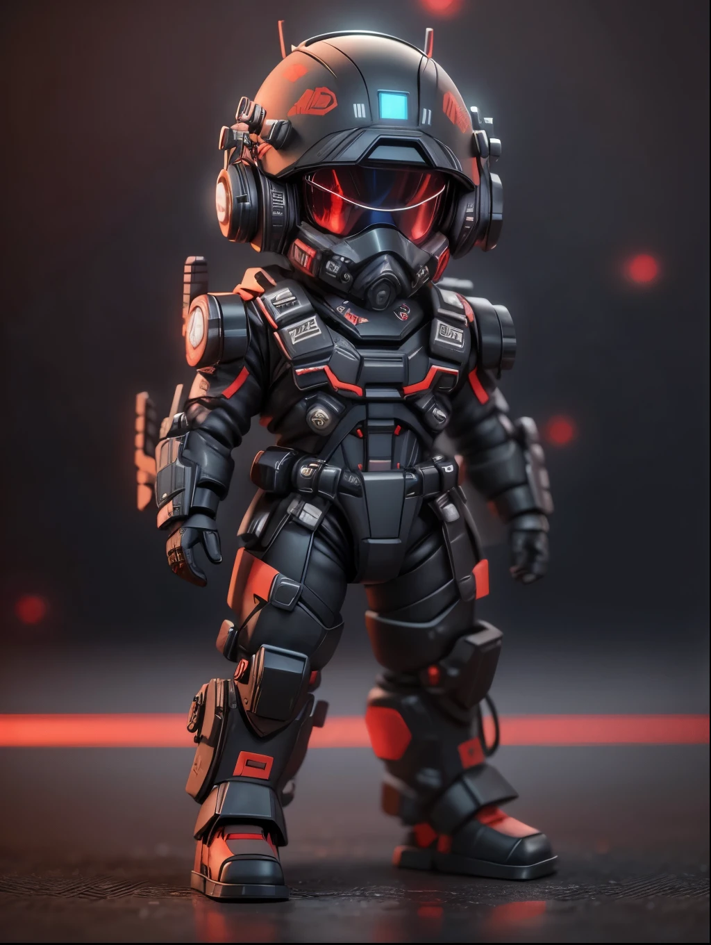 (Blind box toy style:1.2), (Full body shot) , 1 cute fat metal male machine gunner, Metal mech,Metal opaque helmet, cyber punk perssonage, dreamy glow, Clean, Black draft,Red and black style, ( Global illumination, Ray traching, hdr, unreal render,reasonable design, high detal, Masterpiece, Best quality, hyper HD, Cinematic lighting)