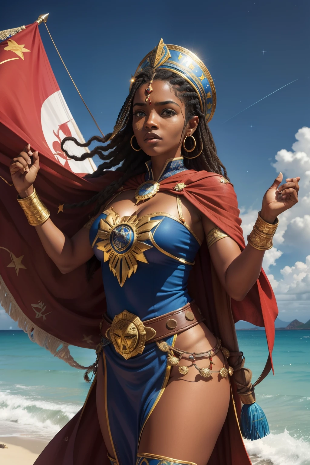 cores vibrantes : The costume is composed of vibrant cores that represent the flag of Cape Verde. The main part of the route is a combination of deep blue, branco puro e vermelho intenso, lembrando as faixas da bandeira. These nuclei intertwined harmoniously along the way.

Iconic Cover : Cape Verde captain wears a long, Flowing Cape reminiscent of the vastness of the ocean that surrounds the Cape Verde Islands. The cover is predominantly blue, com detalhes brancos que lembram as ondas do mar.

Emblema de 10 Estrelas : no peito do traje, encontra-se um emblema com 10 estrelas separadas, representando as 10 principais ilhas de Cabo Verde. Each star is unique and sparkling, as if they were constellations on a starry night.

tribal mask : Cape Verdean captain wears face mask that incorporates tribal elements of Cape Verdean culture. The mask is carved with traditional motifs reminiscent of the indigenous art of the islands.

Botas altas e luvas : Their boots are tall and made of sturdy leather, while his gloves are red, adding a touch of audacity to the costume.

Cinto com um pingente de Mapa : O personagem usa um cinto largo adornado com um pingente de ouro que representa um mapa das ilhas de Cabo Verde. This symbolizes their deep connection to the country's geography.