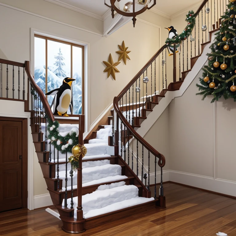 Tema Natal, cartoon, penguins sliding down a stair railing, coberto de neve, com luzes de Natal