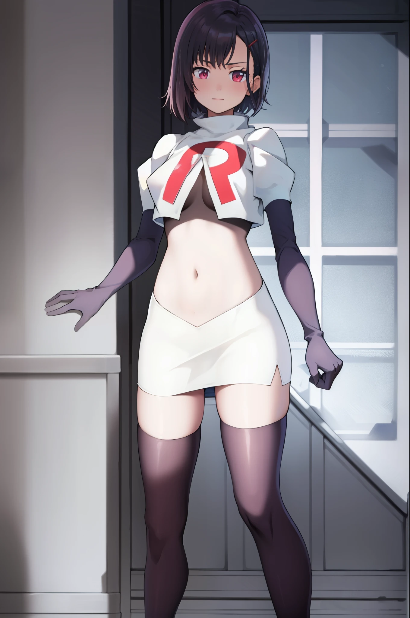 masterpiece, best quality, MShizukaV4, 1girl, solo, hair ornament, navel, medium breasts, standing, hairclip, team rocket, team rocket uniform, red letter R, white skirt, white crop top, black thigh-high boots, black elbow gloves,