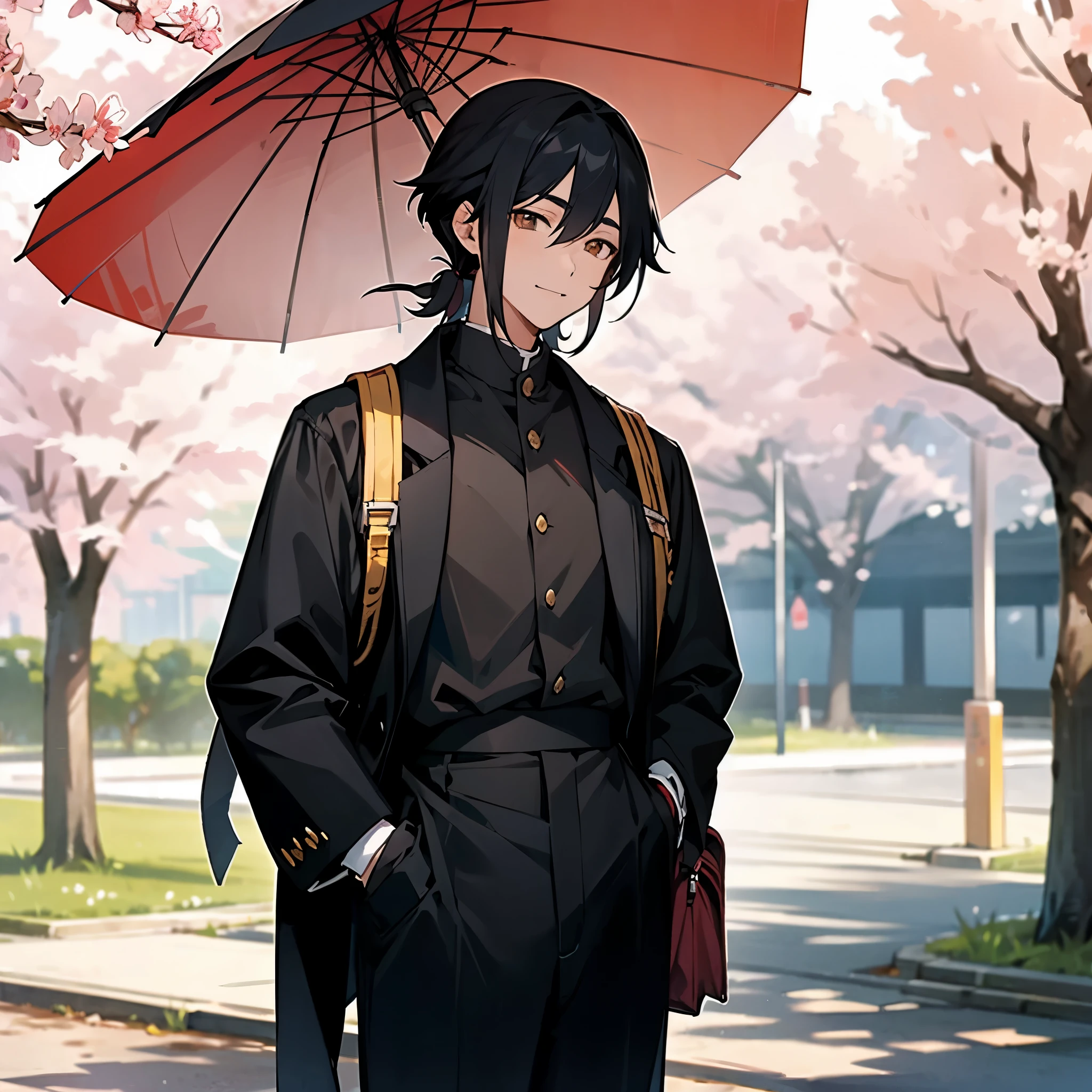Generate a image of a black hair, Tall Japanese male, he has black neck length hair, with a stran of hair coming down from his head to between his eyebrows, he has a strong jawline. He has a plane face, he is wearing an all black uniform (black long pants) and black long sleeves plain jacket with gold buttons, right hand is in his pocket with a one armed school bag on that shoulder, in his left hand he is holding an umbrella, he is smiling at the camera . In the background there is a sakura cherry blossom tree on his right. He is standing in a park on a pavement and a bench on his left.