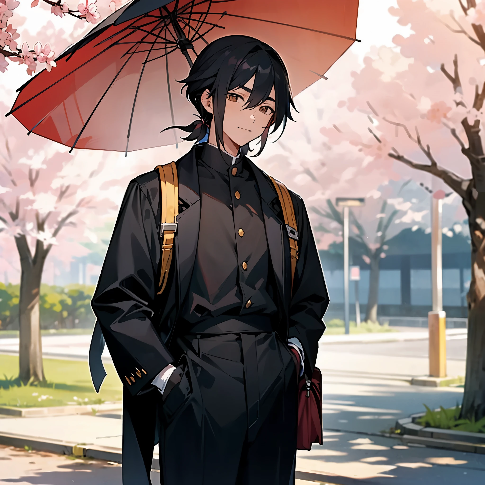 Generate a image of a black hair, Tall Japanese male, he has black neck length hair, with a stran of hair coming down from his head to between his eyebrows, he has a strong jawline. He has a plane face, he is wearing an all black uniform (black long pants) and black long sleeves plain jacket with gold buttons, right hand is in his pocket with a one armed school bag on that shoulder, in his left hand he is holding an umbrella, he is smiling at the camera . In the background there is a sakura cherry blossom tree on his right. He is standing in a park on a pavement and a bench on his left.
