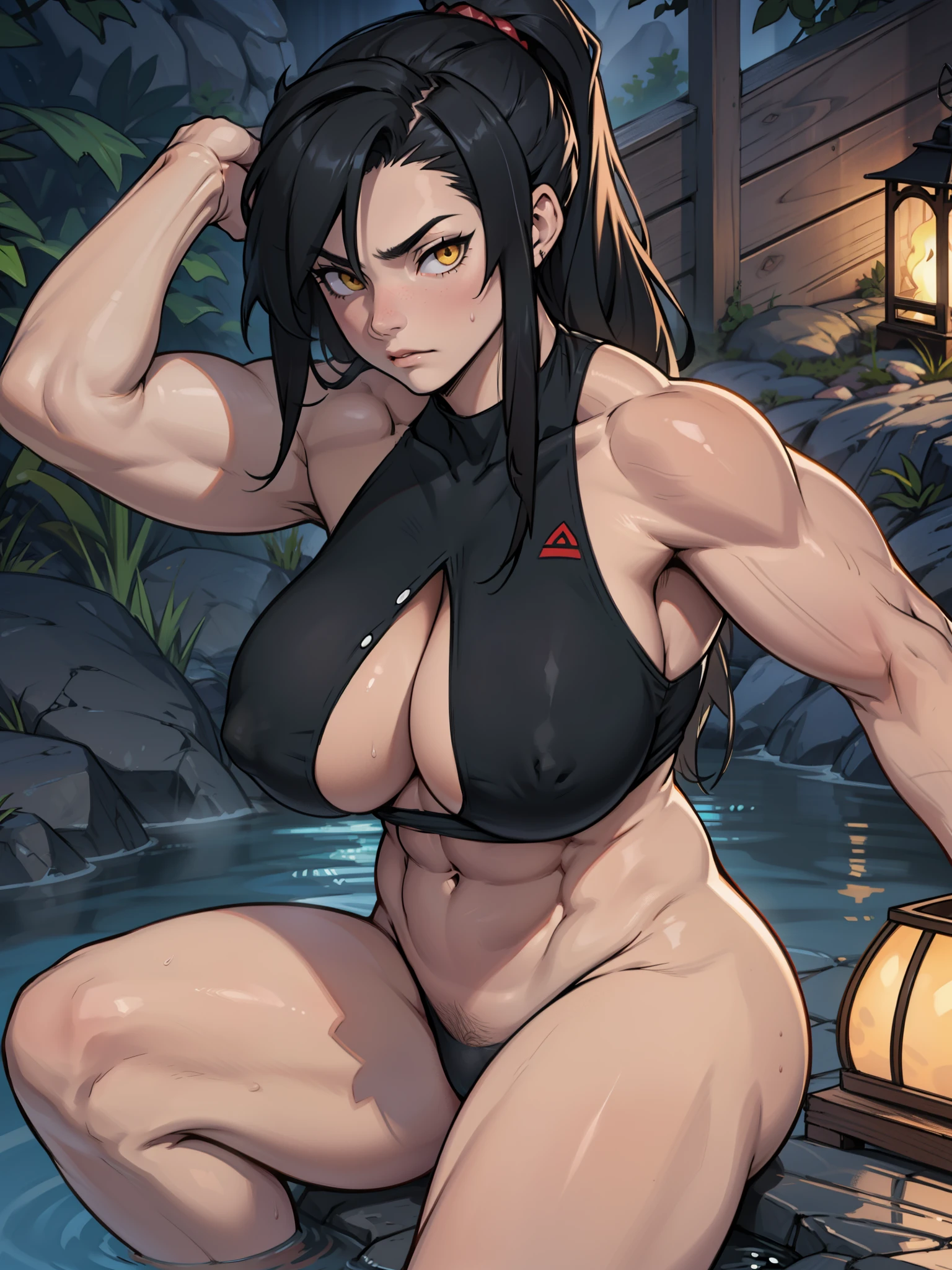 pale skin sad girl (((muscular girl toned body huge breasts))) yellow eyes black hair onsen