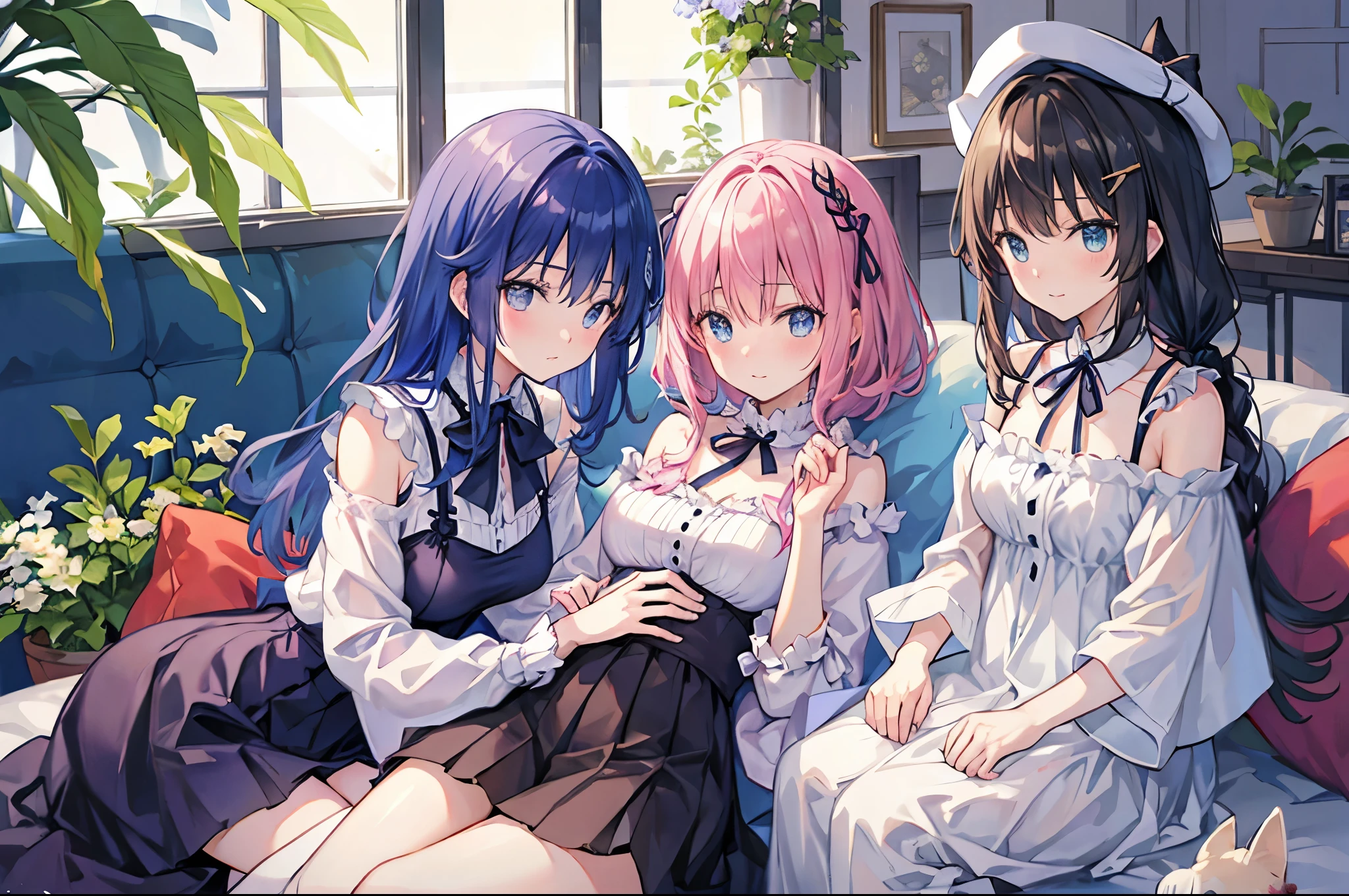Holding a 1.8L bottle in one hand and a trumpet only、Plain white with highlightedTshirt、You can see the chest from the neck、Ultramarine and white striped mini skirt、When you lift up her skirt you can see her cute pink frilly underwear...、fluffy, White frilly flared skirt、When she lifted her skirt, She found some cute red frilly underwear、barefoot、library、Three girls of different heights Magical girl with a magic wand、Wind and water magic、Black Magic Robe