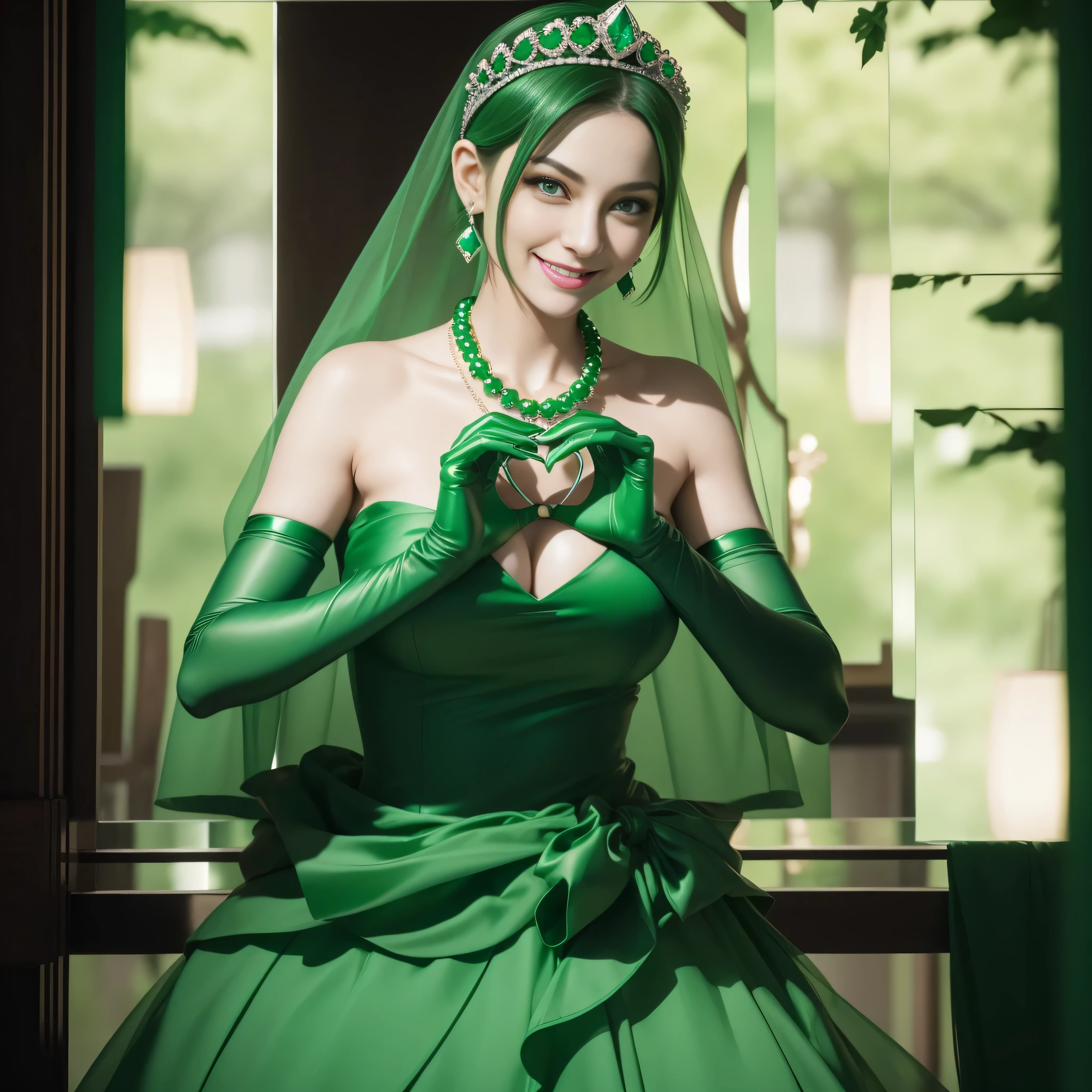 emerald tiara, Green Pearl Necklace, Boyish very short green hair, lipsticks, Japan woman smiling, very short short hair, big breasts beautiful, Green eyes, Long green gloves made of satin material, Green eyes, Emerald Earrings, green vale, 両Heart in the hand, Heart in the hand