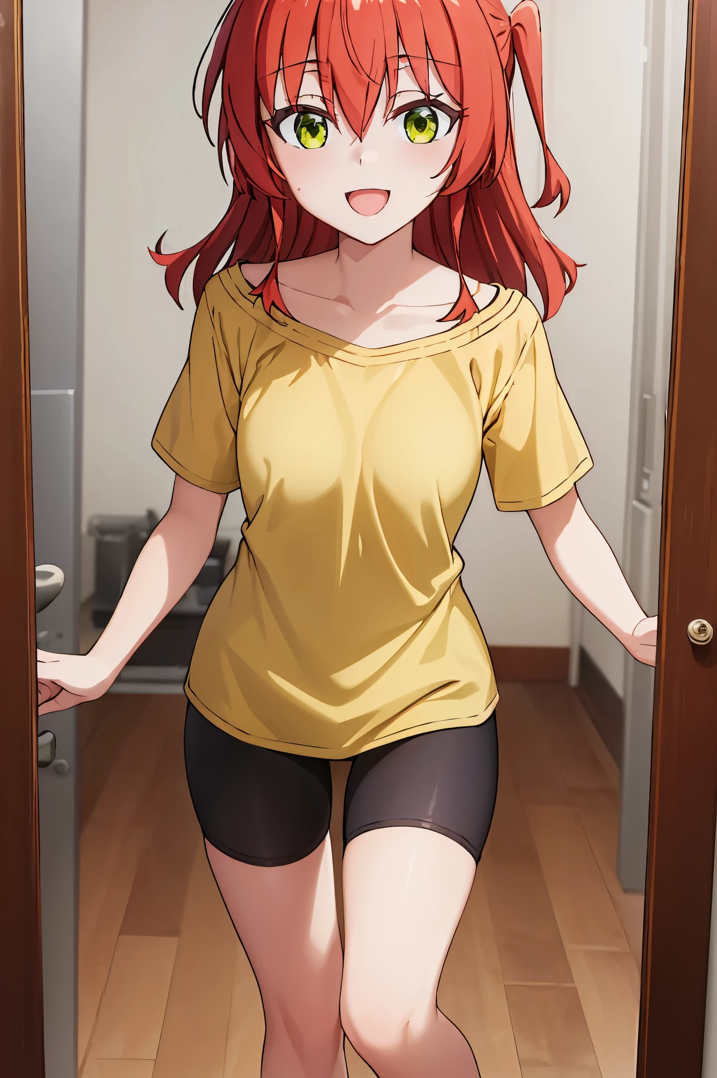 Room, indoors, 1 girl, best quality, ultra high res, long hair, red hair, green eyes, looking at viewers, small breast, standing, **** body, small body, smile, open mouth, yellow shirt, shorts sleeves, bike shorts, pov, collarbone, slim body,