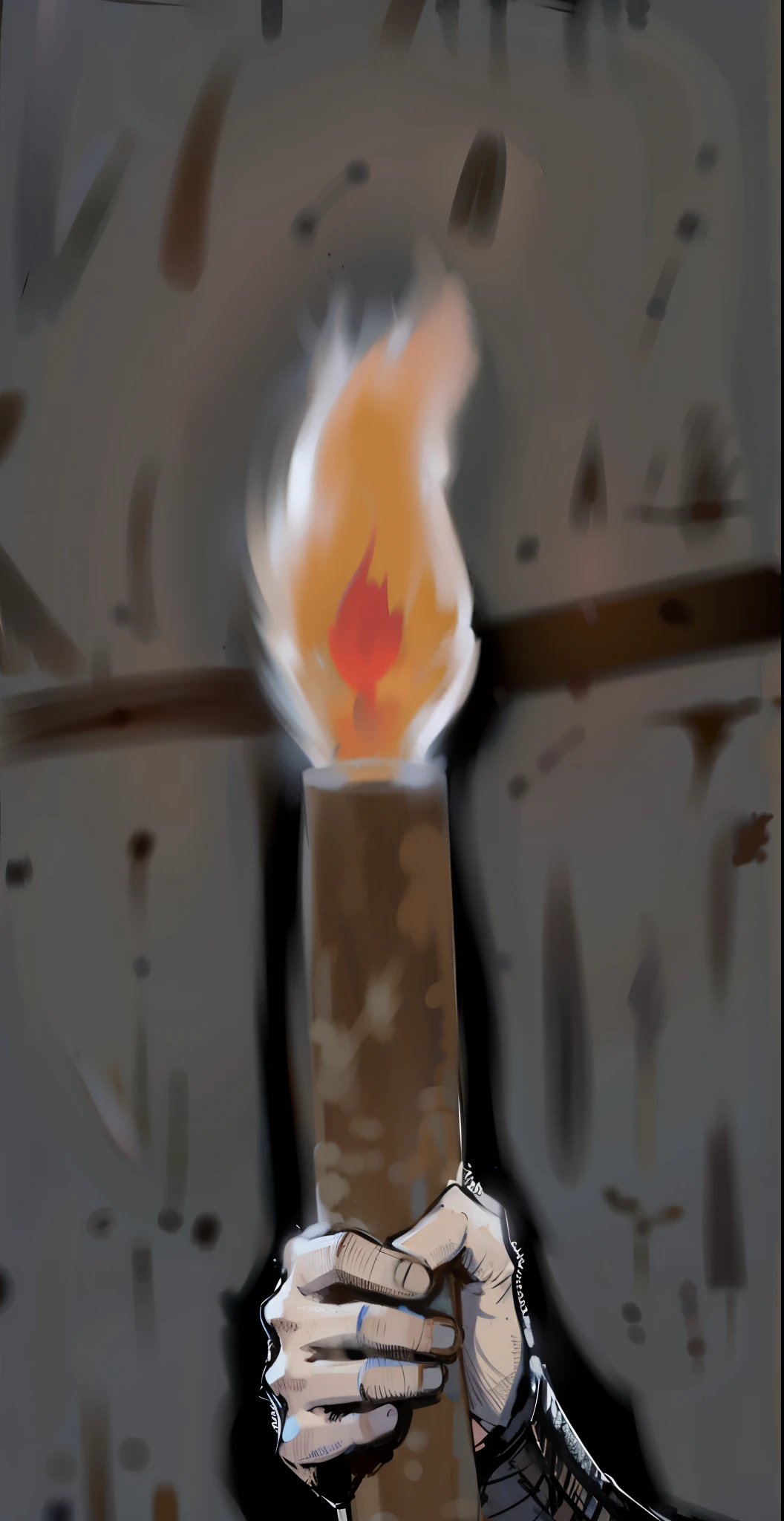 there is a drawing of a person holding a lit torch, torch - lit, torch, stone wall in the background,